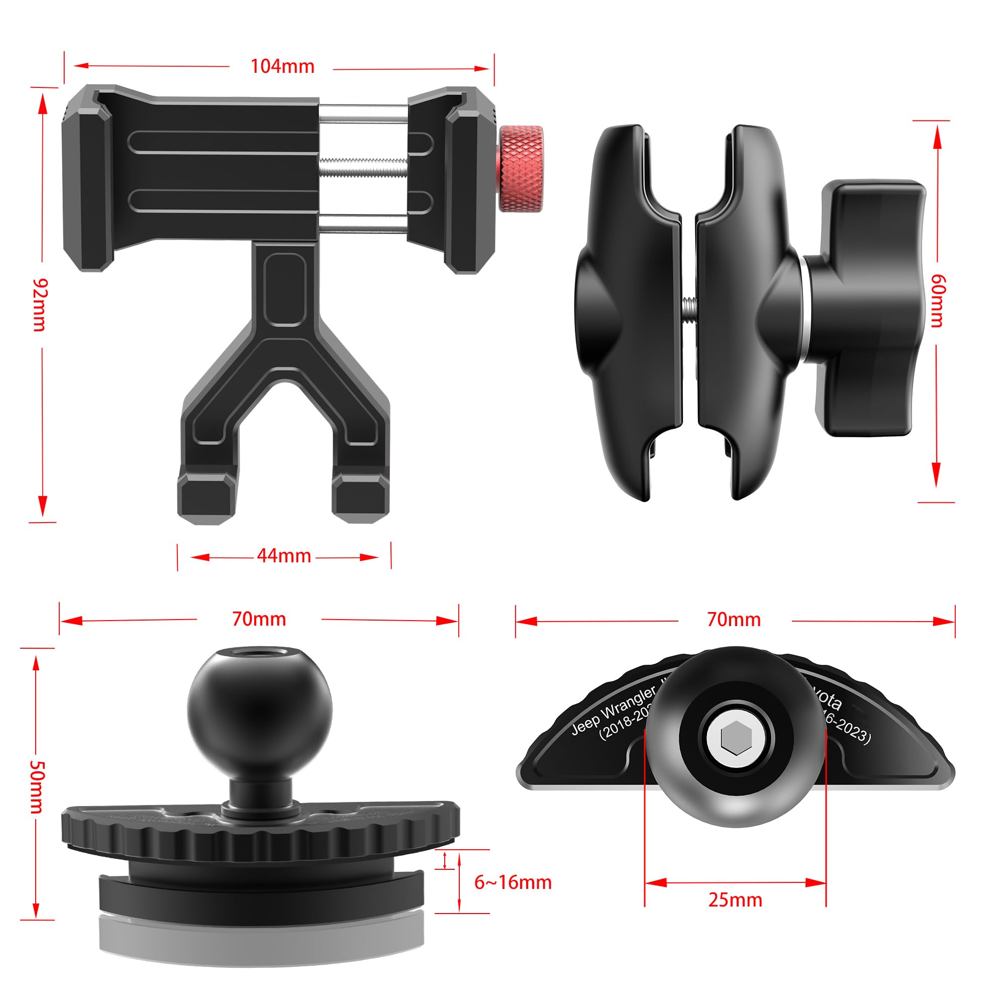 Jeep Wrangler JL & Gladiator JT (2018-2023) Aluminum Phone Mount - 360° Rotating Ball Head Vent Holder Compatible with iPhone, Android & Smartphones | Perfect for Off-Road Adventures & Daily Commutes