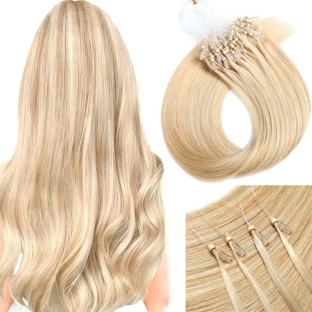 Premium Micro Loop Hair Extensions 50g - 100% Real Human Hair, Ash Blonde/Bleach Blonde, Soft & Natural Straight Hair Extensions for Women | Easy Clip-in Micro Links for Volume & Length | Perfect for Daily Wear, Parties & Special Occasions