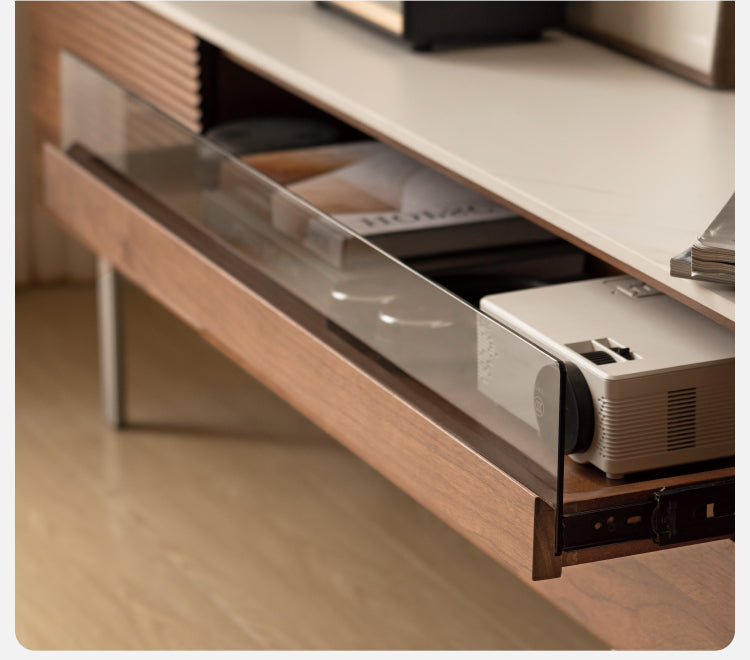 Modern Black Walnut Solid Wood TV Stand with Rock Panel Design - Stylish Entertainment Center for Living Room, Home Theater & Media Storage