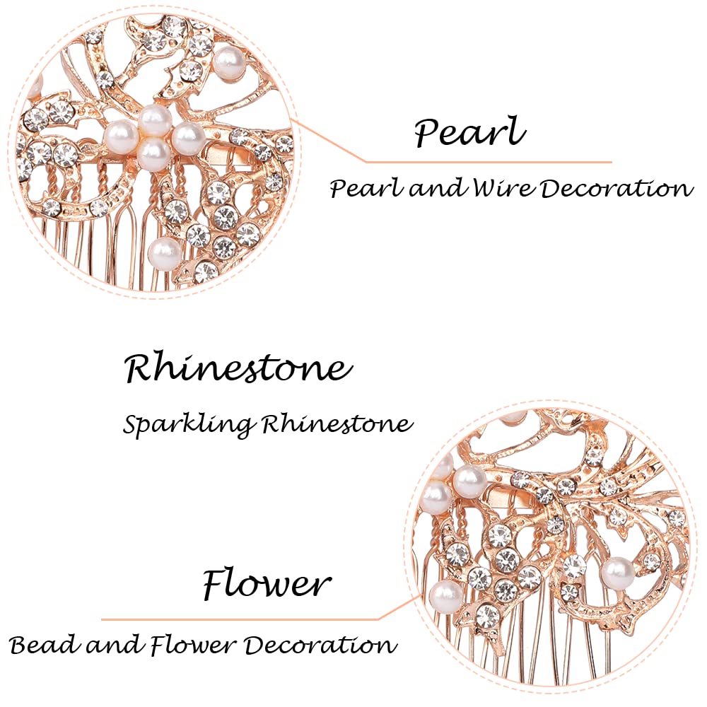 Rose Gold Bridal Hair Combs with Pearls & Rhinestones - 4pc Set for Weddings & Parties