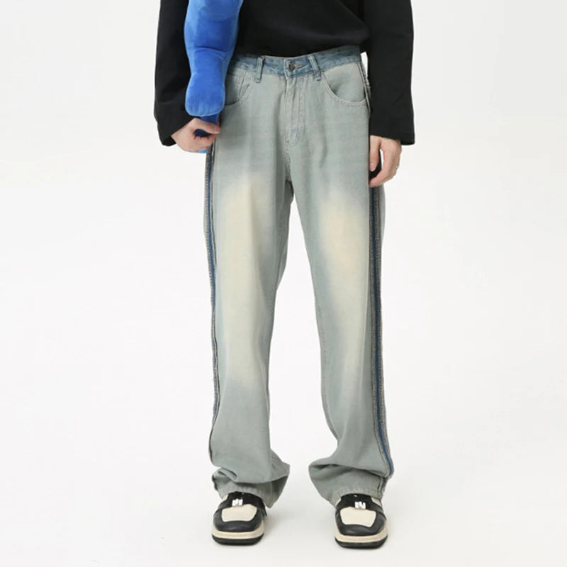 Trendy American Style Men's Loose Fit Zipper Stripe Wide Leg Washed Denim Jeans - High Street Fashion Summer Pants (Style 9C6088) | Perfect for Casual Outings, Streetwear Looks & Summer Fashion