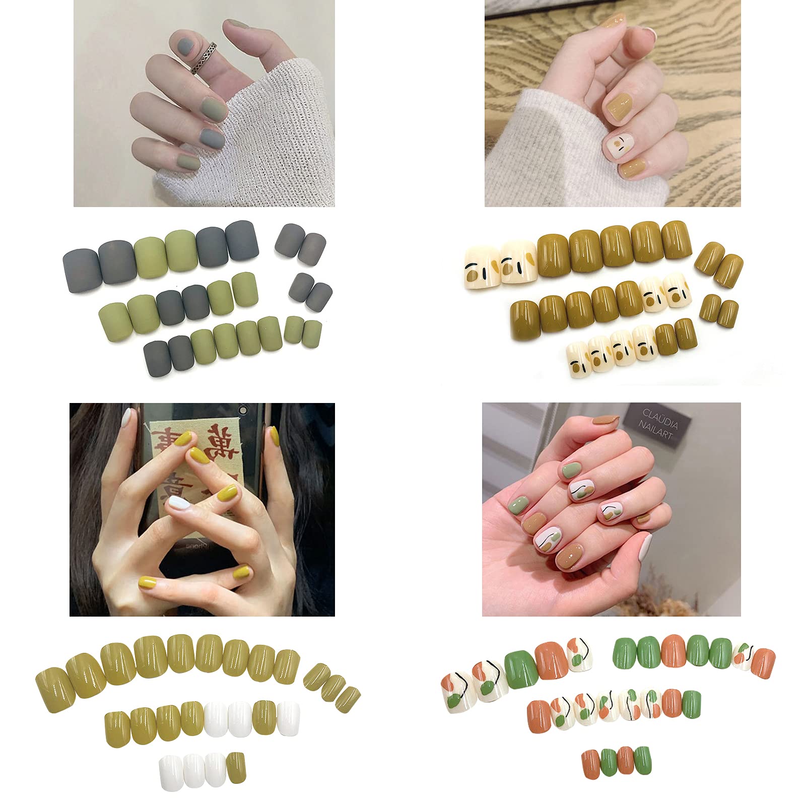 96 Pcs Short Square Press On Nails - 4 Pack Acrylic Fake Nails Kit with Glue & Nail File - Full Cover Artificial Nails for Women & Girls (Green) - Perfect for Parties, Weddings & Daily Wear