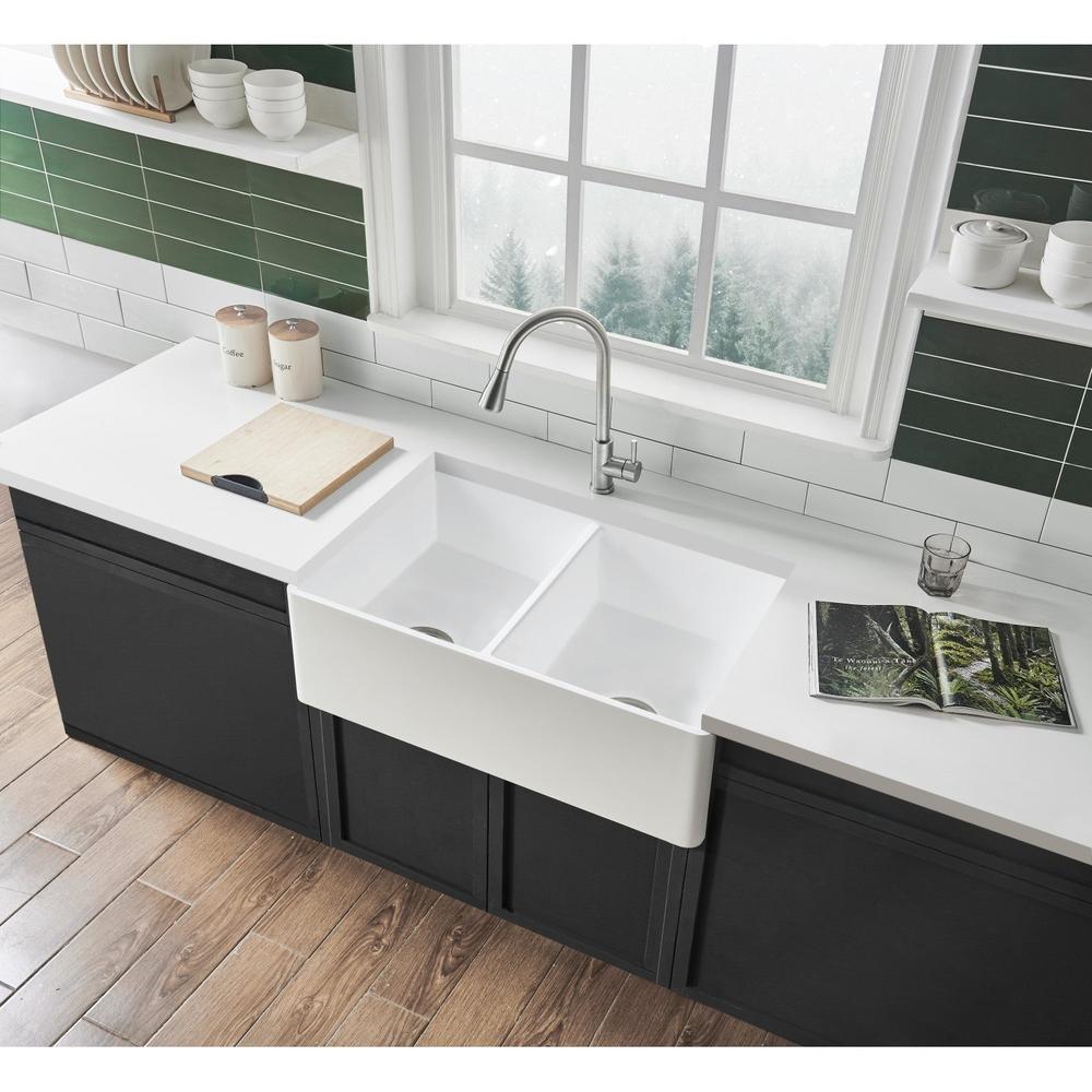 Kingston Brass 36-Inch Solid Surface Double Bowl Farmhouse Kitchen Sink in Matte White | Durable & Stylish for Modern Kitchens | Perfect for Cooking, Cleaning & Entertaining