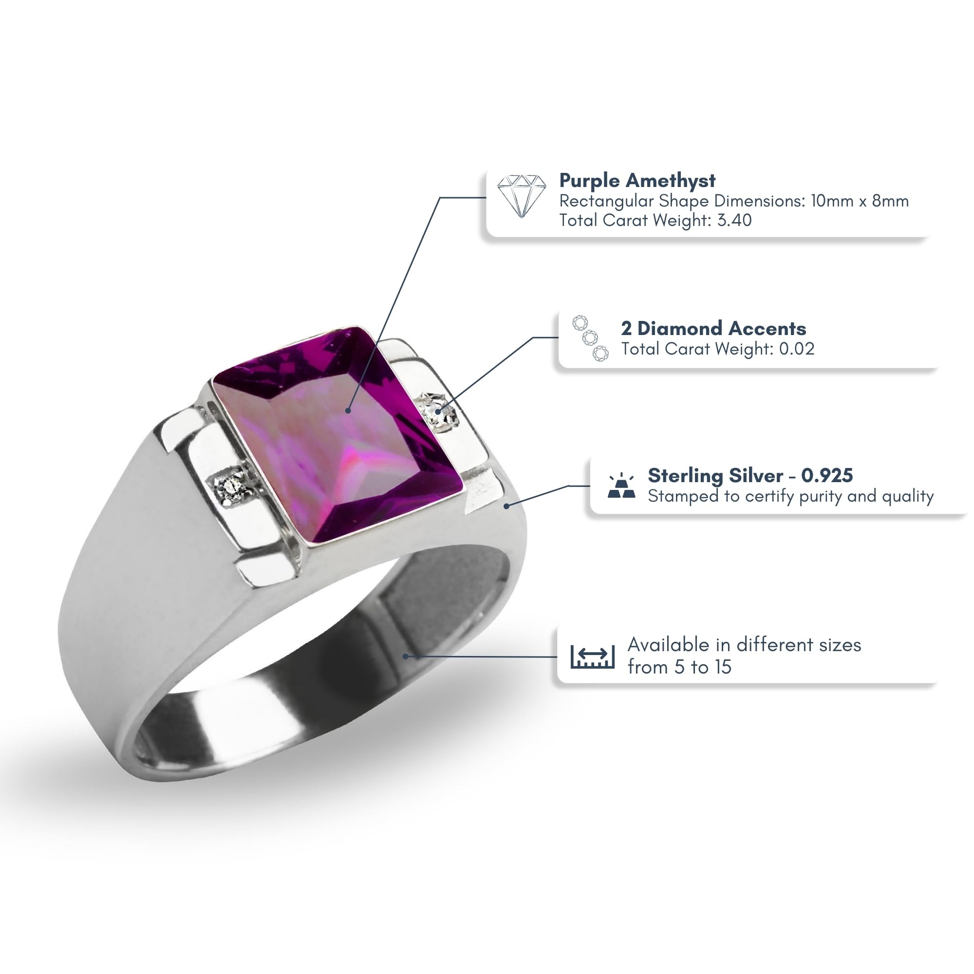 Blake's Sterling Silver Men's Ring with 2 Diamonds & Baguette Sapphire/Emerald/Ruby/Citrine/Amethyst/Topaz Options - Size 5-15 - Luxury Men's Jewelry Gift for Anniversary, Wedding, Birthday - Perfect for Formal Events & Everyday Wear