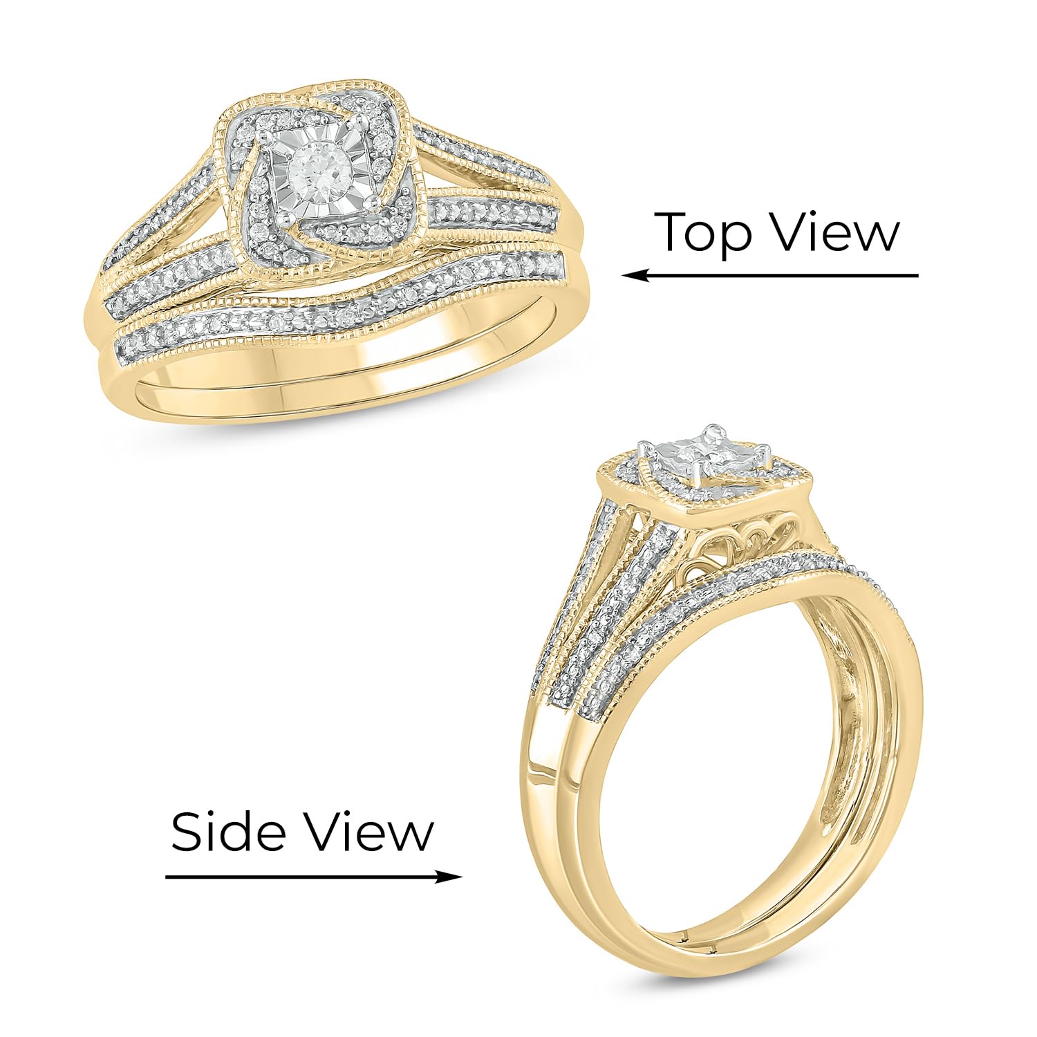 1/5 CT Natural Diamond Bridal Ring Set - 14K & 18K Gold Vermeil Wedding & Engagement Rings for Women | Promise Ring & Halo Ring in White, Yellow or Pink Gold | Perfect for Proposals, Anniversaries & Special Occasions