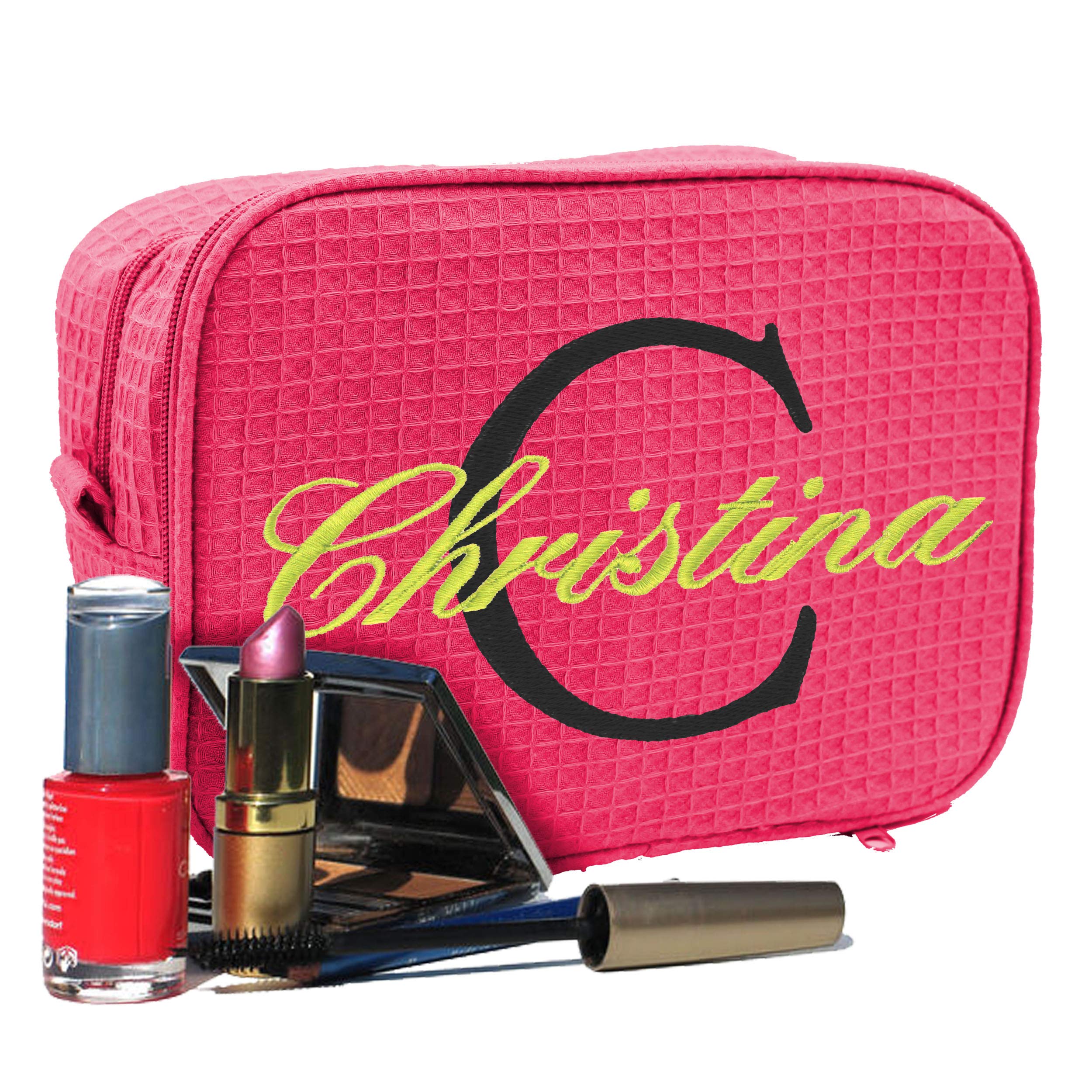 Custom Monogrammed Waffle Makeup Bag - Personalized Embroidered Cosmetic Travel Case for Women (Hot Pink) | Perfect for Travel, Gym & Daily Organizer