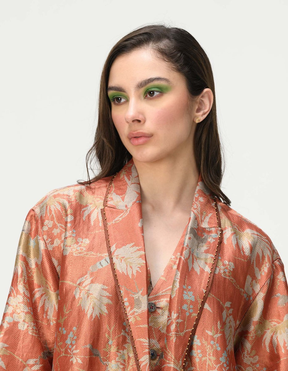 Luxury Silk Brocade Cape Coat with Coral Design - Elegant Evening Wear for Women | Perfect for Weddings, Galas, and Special Occasions