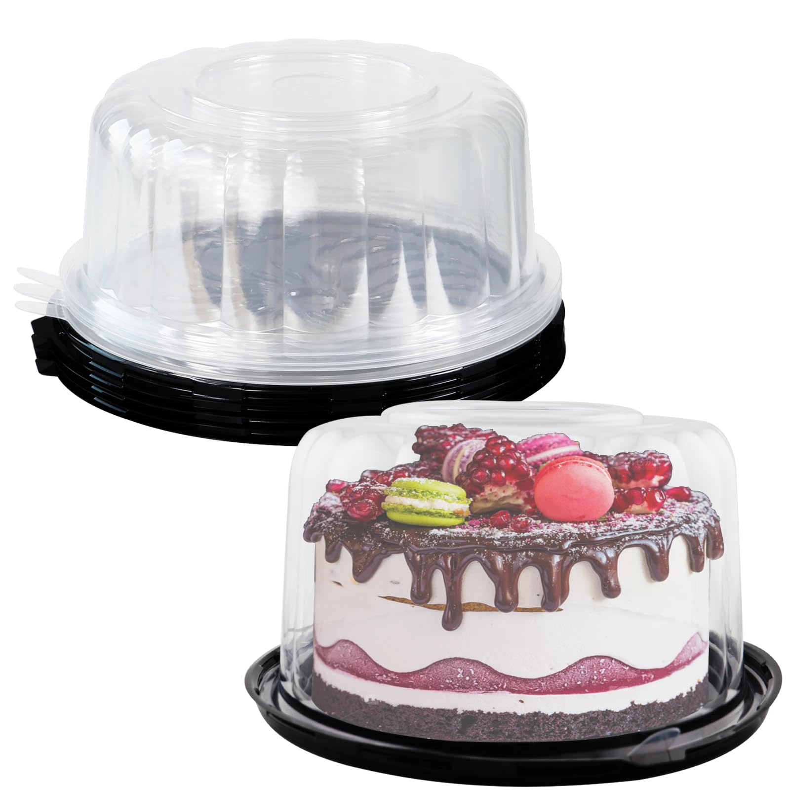 FEOOWV 5-Piece Round Cake Carriers - 8 Inch Clear Plastic Disposable Cake Containers with Dome Lids & Cake Boards - Perfect for Transporting Bundt Cakes, Cupcakes & Pastries - Ideal for Bakeries, Parties & Catering Events