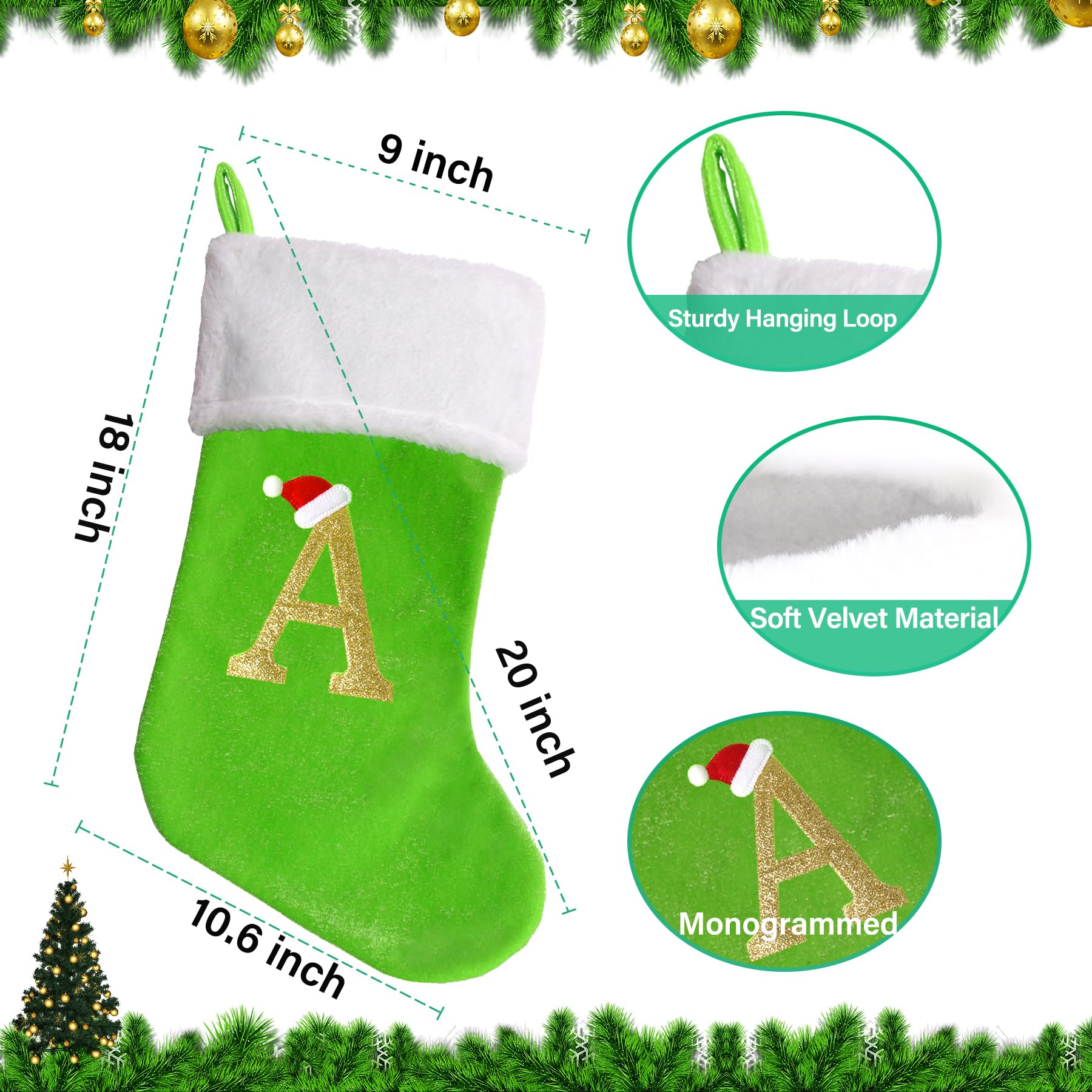 Personalized 20-Inch Monogram Christmas Stockings - Large Green Velvet Holiday Stockings with Soft Plush Cuff - Perfect for Fireplace, Xmas Tree & Holiday Decorations (Custom Letters Available)