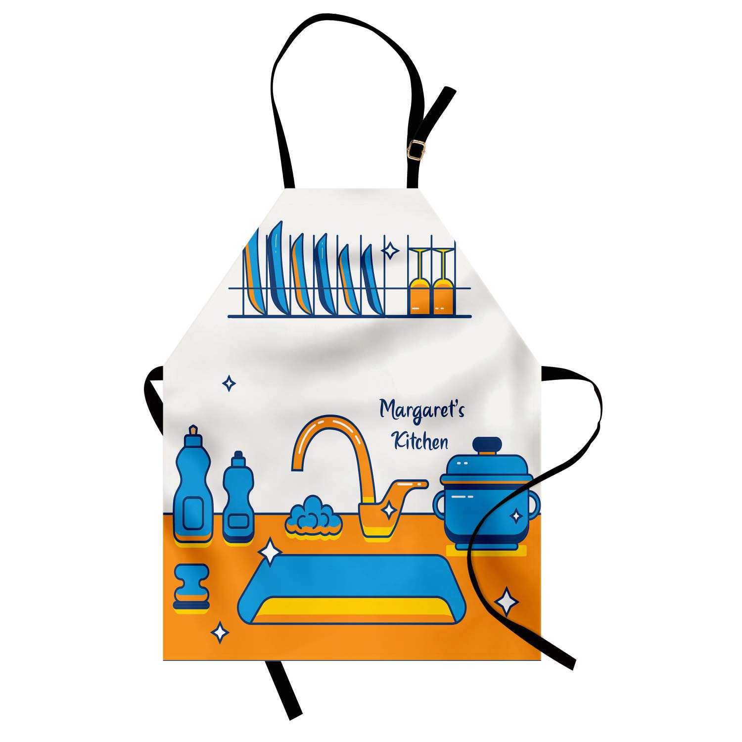 Ambesonne Personalized Chef Apron - Cartoon Kitchen & Dishwashing Art Print, Adjustable Neck Unisex Bib for Cooking & Cleaning - Adult Size in Azure Blue - Perfect for Home Chefs, BBQ, Baking & Kitchen Gifts