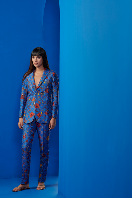 Elegant Boot Cut Trousers for Women - Premium Silk Brocade Fabric in Cobalt Blue - Perfect for Office Wear, Evening Parties & Special Occasions