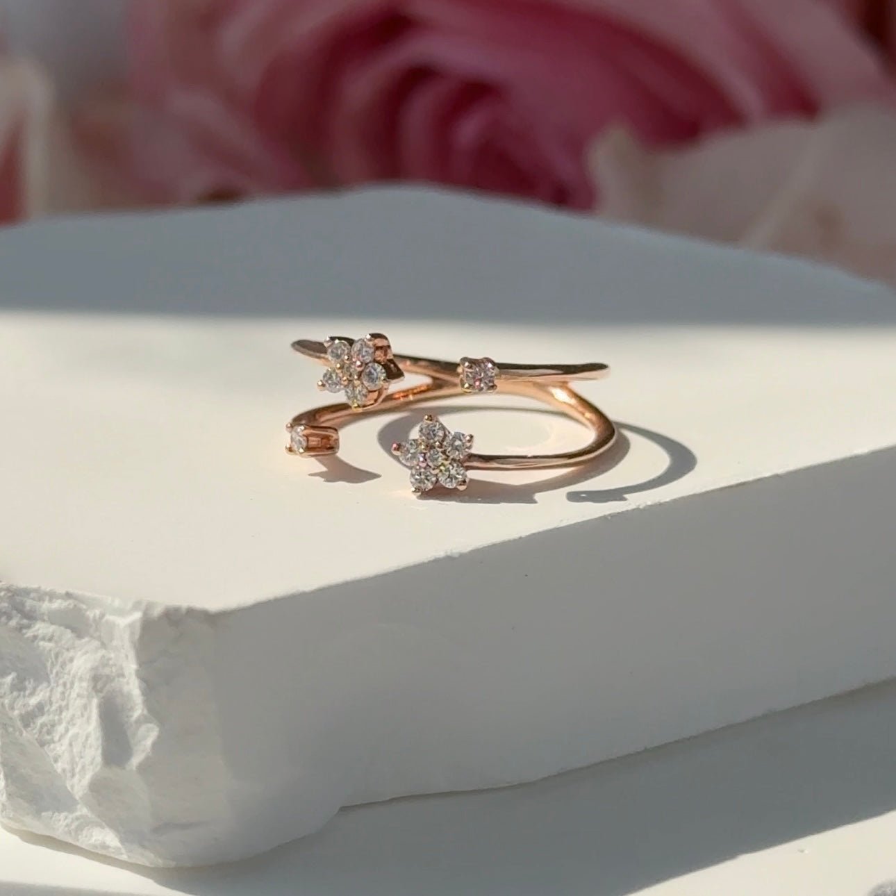 14k Rose Gold Floating Diamond Flower Wrap Ring - Elegant Stackable Band for Women, Perfect for Weddings, Anniversaries & Everyday Wear