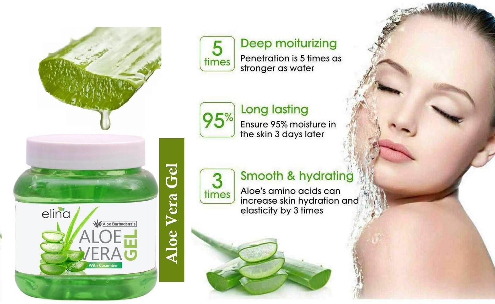 Elina Green Cucumber Pure Aloe Vera Gel - 500gm Natural Face & Hair Care for Acne Scars, Glowing Skin | Non-Toxic Multipurpose Gel for Hydration, Sunburn Relief & Daily Skincare Routine