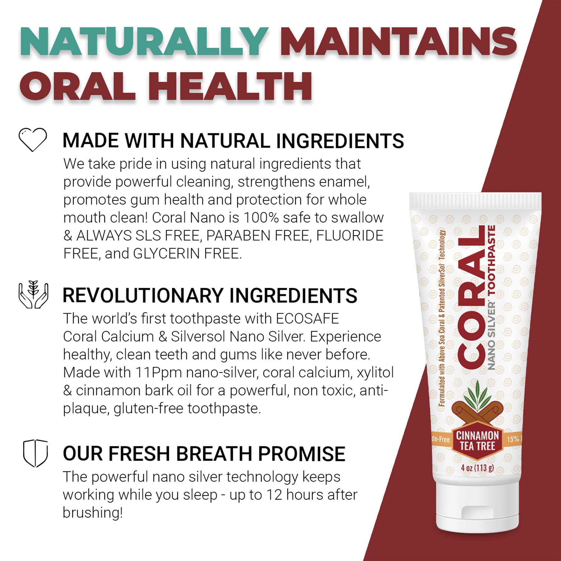 **Natural Coral Nano Silver Cinnamon Tea Tree Toothpaste - Fluoride-Free Teeth Whitening, SLS-Free with Coral Calcium & Nano Silver (4 oz) - Fresh Breath for Sensitive Teeth & Gum Care**