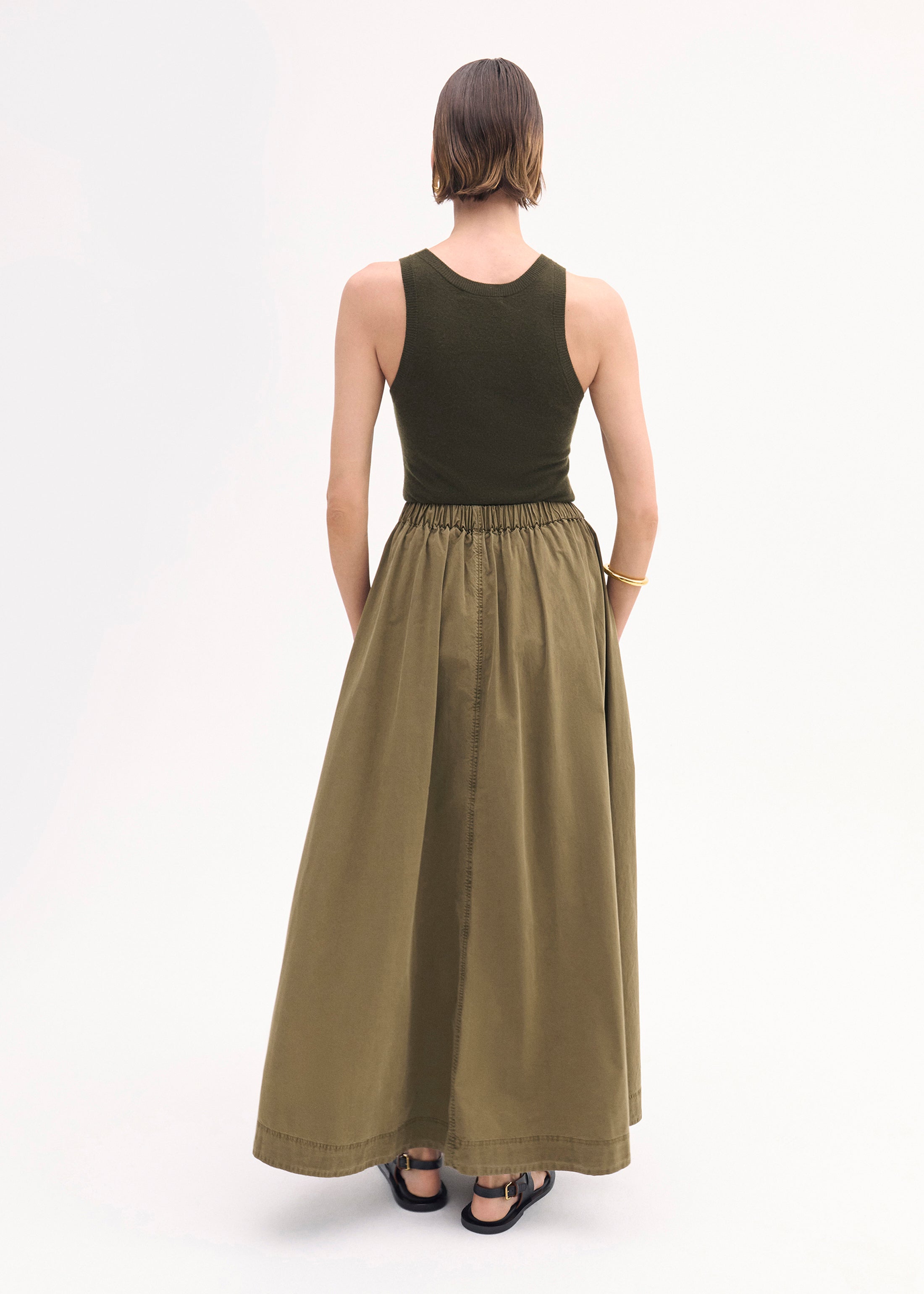 Women's Olive Green Cotton Twill Parachute Skirt - A-Line Midi Skirt with Pockets for Casual Wear, Travel & Outdoor Adventures