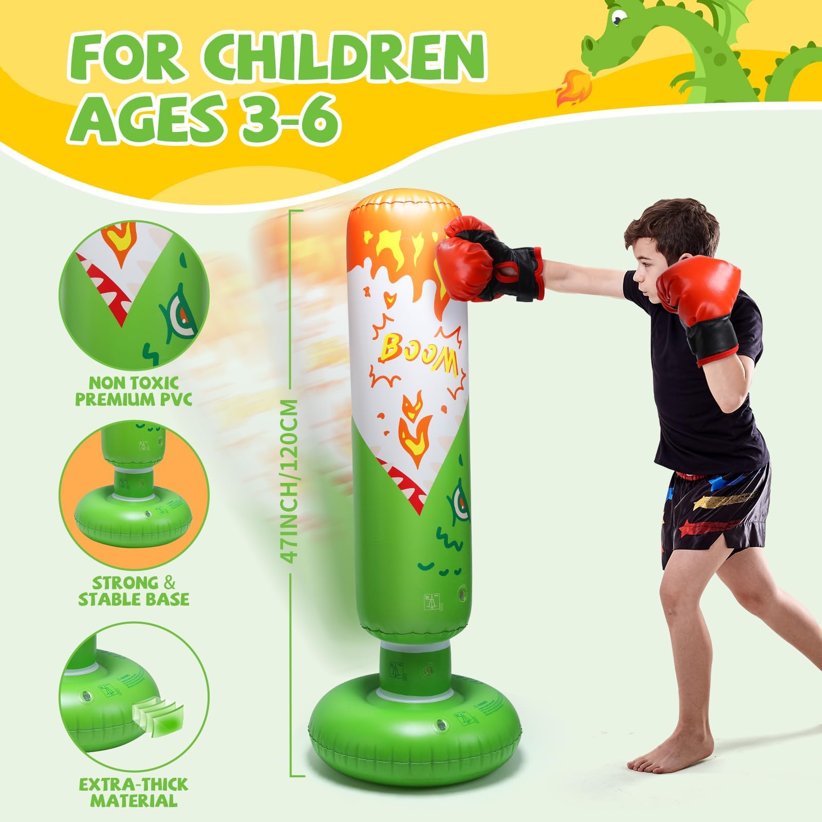 Inflatable Punching Bag for Kids - Shark & Dinosaur Standing Boxing Bag with Gloves (Ages 3-8) | Stable Kickboxing Training Toy for Boys & Girls | Perfect for Birthday Gifts, Indoor Exercise & Martial Arts Practice