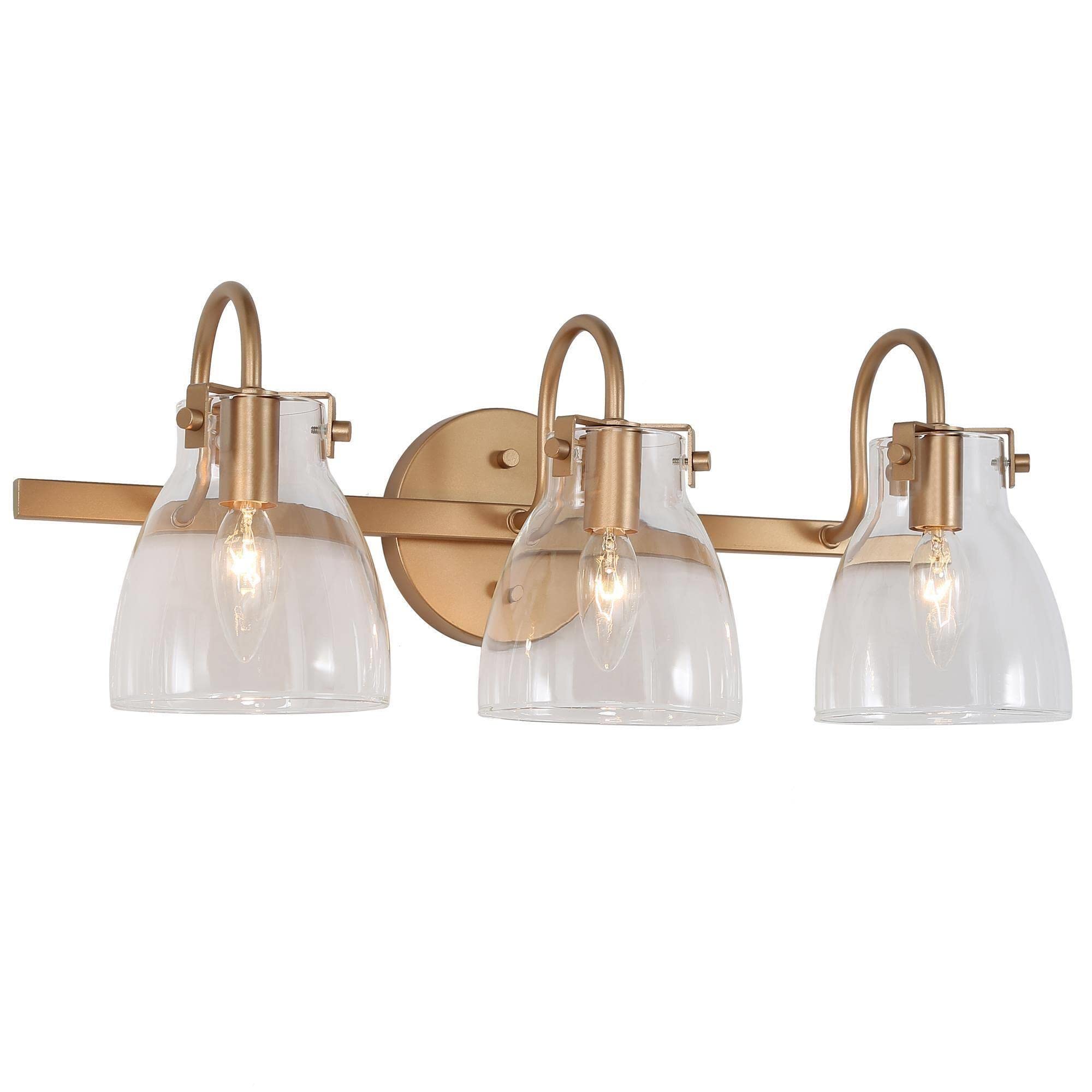Modern Gold Bathroom Vanity Light Fixture - 3-Light Over Mirror with Clear Glass Shade - Elegant Powder Room Lighting for Bathroom Makeup & Dressing Area - Perfect for Contemporary Home Decor