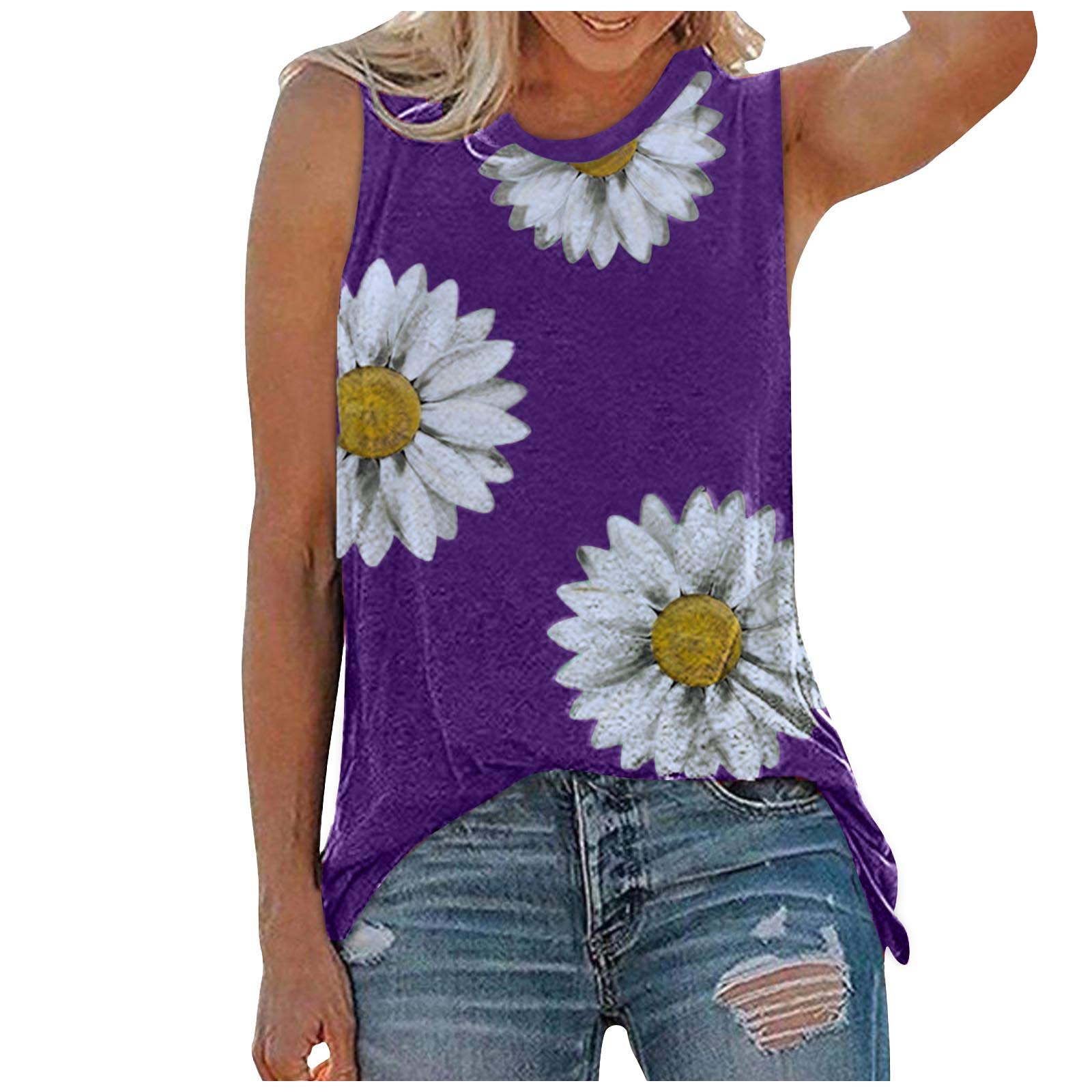 Women's Plus Size Sunflower Print Casual Loose Fit Sleeveless Tank Top - Summer Fashion Blouse for Beach, Vacation & Everyday Wear