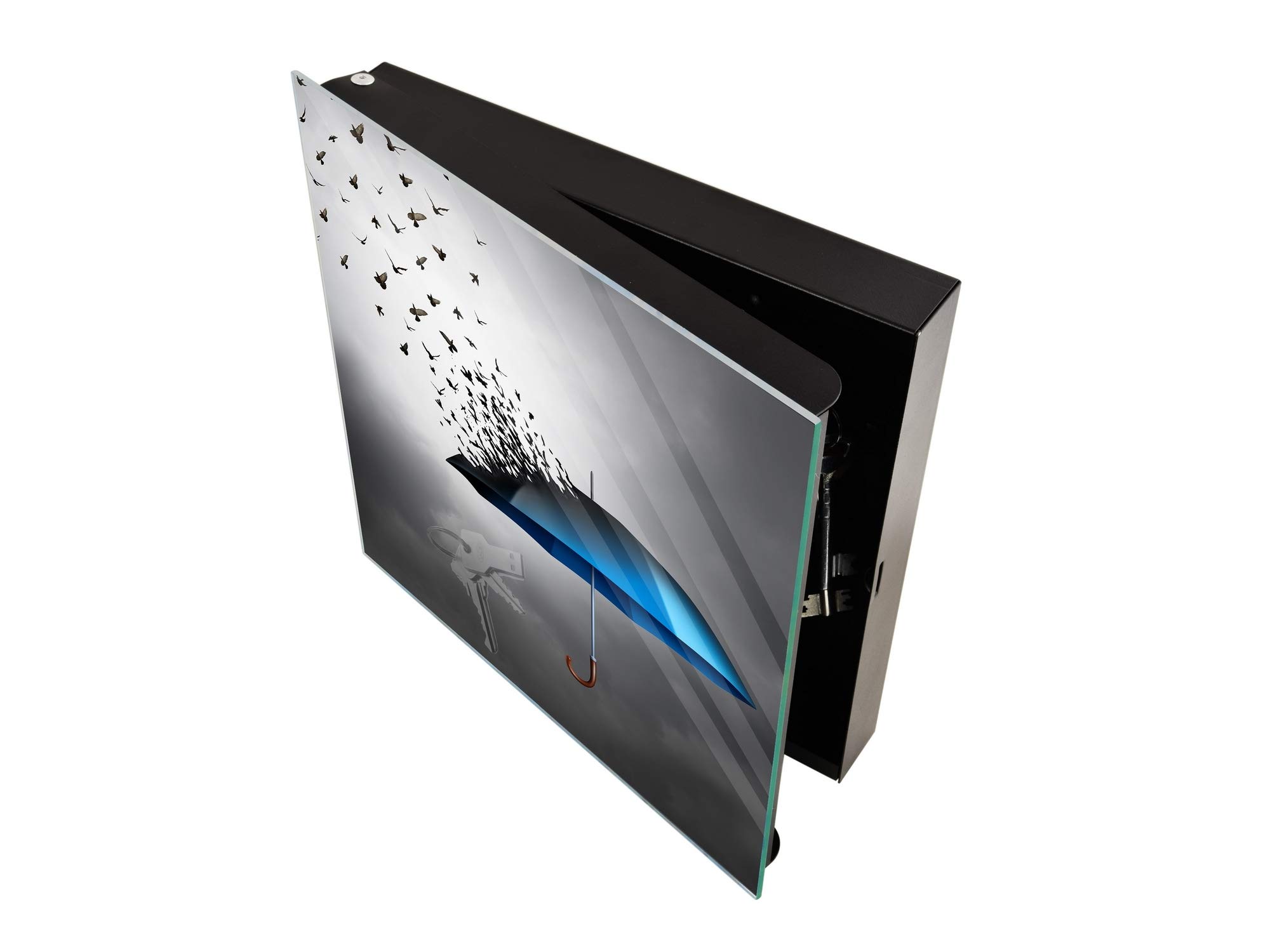 Concept Crystal 50 Key Lock Box with Decorative Glass Panel - Secure Key Storage Organizer for Home & Office - K10 Flying Birds Umbrella Design - Perfect for Entryway, Hotel, and Rental Property Management