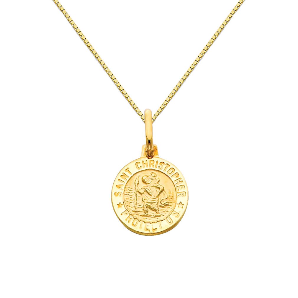 14K Yellow Gold Saint Christopher Medal Pendant with 0.65mm Box Chain Necklace - Religious Jewelry for Men & Women - Perfect for Baptism, First Communion, Confirmation & Everyday Wear