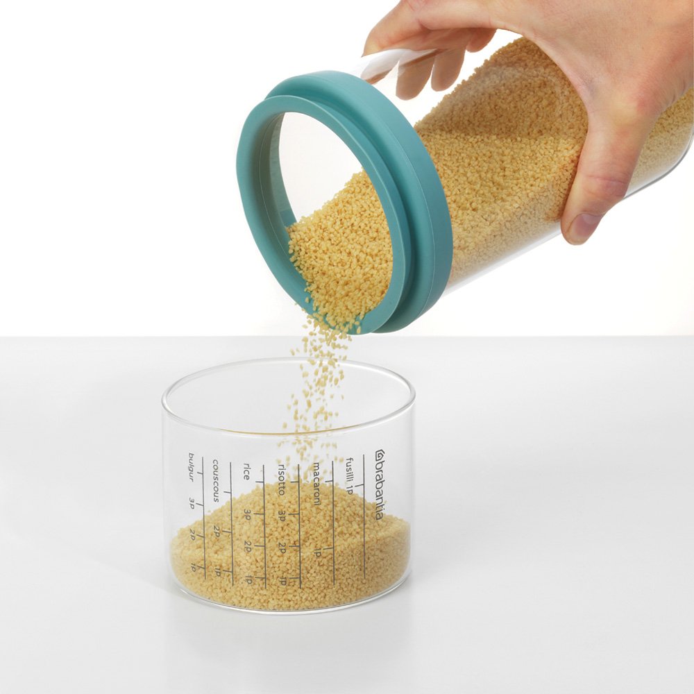 Brabantia 290244 1L Glass Storage Jar with Measuring Cup - Mint Green, 10.4 x 10.4 x 23 cm - Airtight Kitchen Container for Flour, Sugar, Coffee & Dry Food Storage