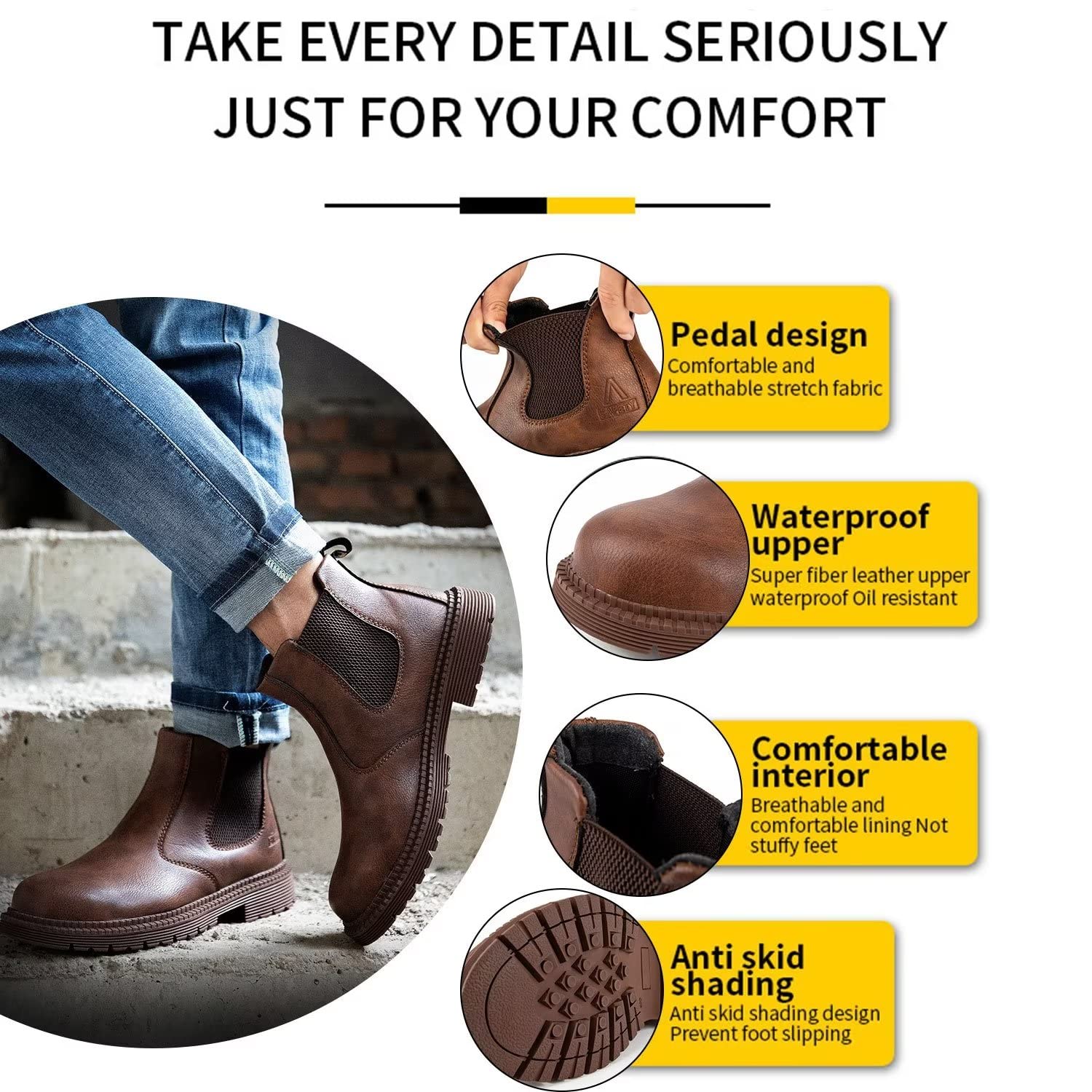 **Tanleewa Men's Steel Toe Work Boots - Waterproof Leather Safety Shoes with Insulation & Non-Slip Sole - Durable Construction & Hiking Boots for Outdoor Work, Heavy Duty Jobs & Winter Wear**