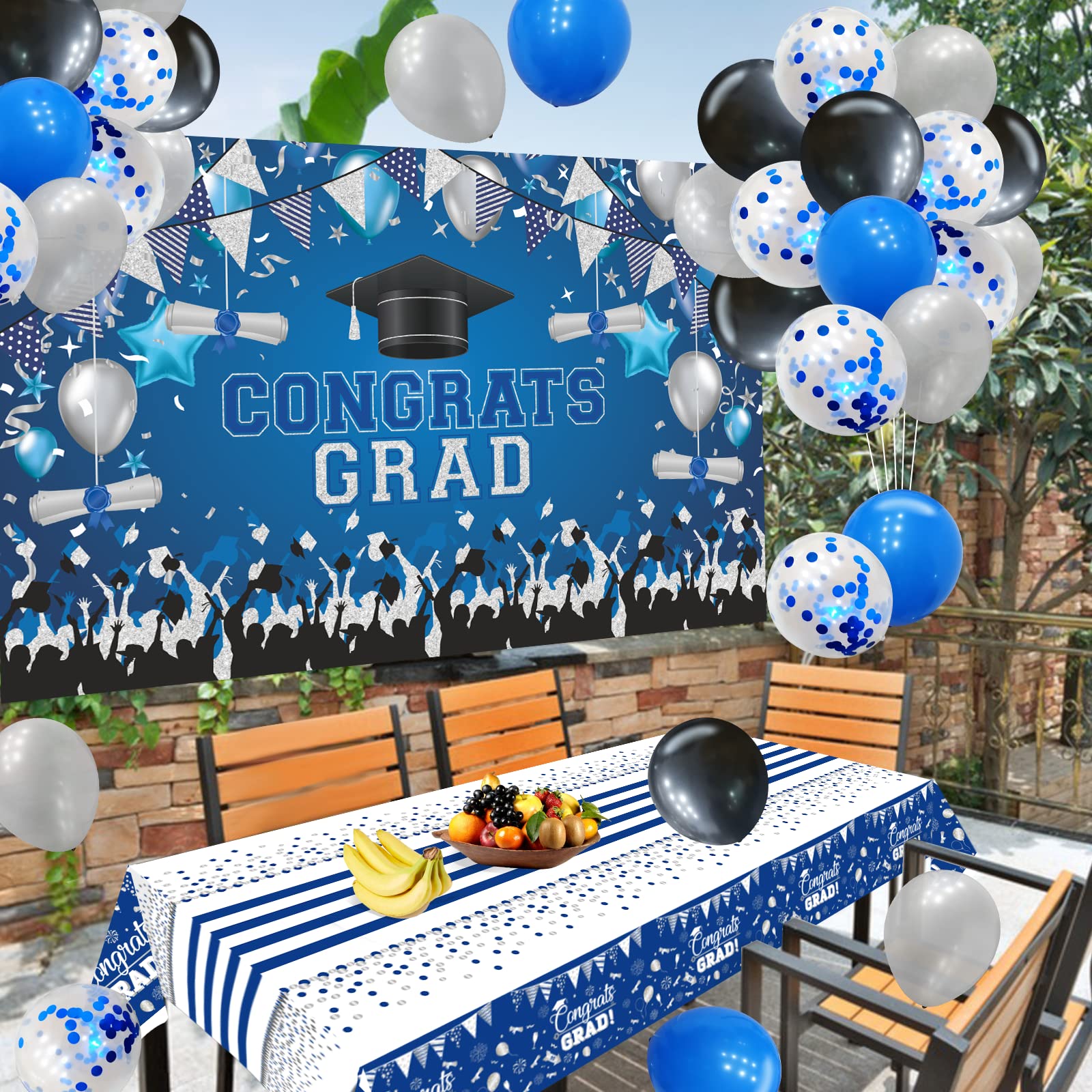 164Pcs Blue and White Graduation Party Decorations Set - Class of 2024 Backdrop, Plates, Napkins & Tablecloths | Perfect for Graduation Ceremonies, Parties & Photo Booths