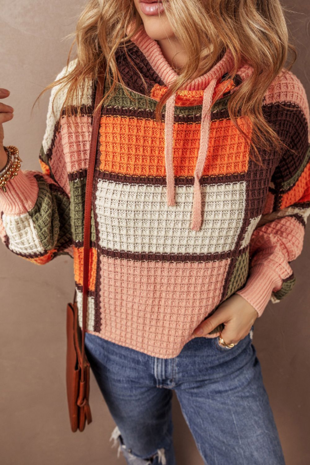 Stylish Drawstring Color Block Mock Neck Sweater for Women | Trendy Pullover with Adjustable Neckline | Perfect for Casual Outings, Office Wear & Fall Layering