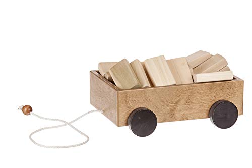 AmishToyBox.com Wooden Pull Wagon Toy for Toddlers with 24 Natural Wood Building Blocks - Classic Harvest Stain | Kids Learning & Pretend Play, Nursery Decor, Montessori Educational Gift