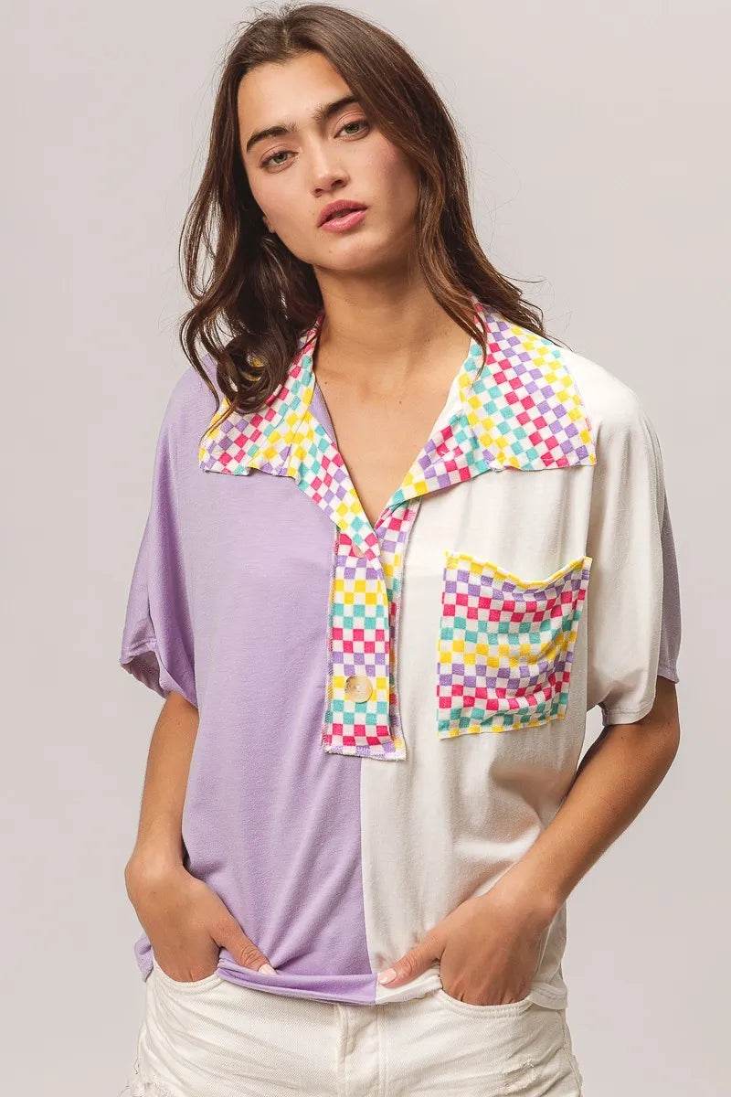 Stylish BiBi Color Block Knit Top with Multi Checker Contrast Design - Perfect for Casual Outings, Office Wear & Date Nights