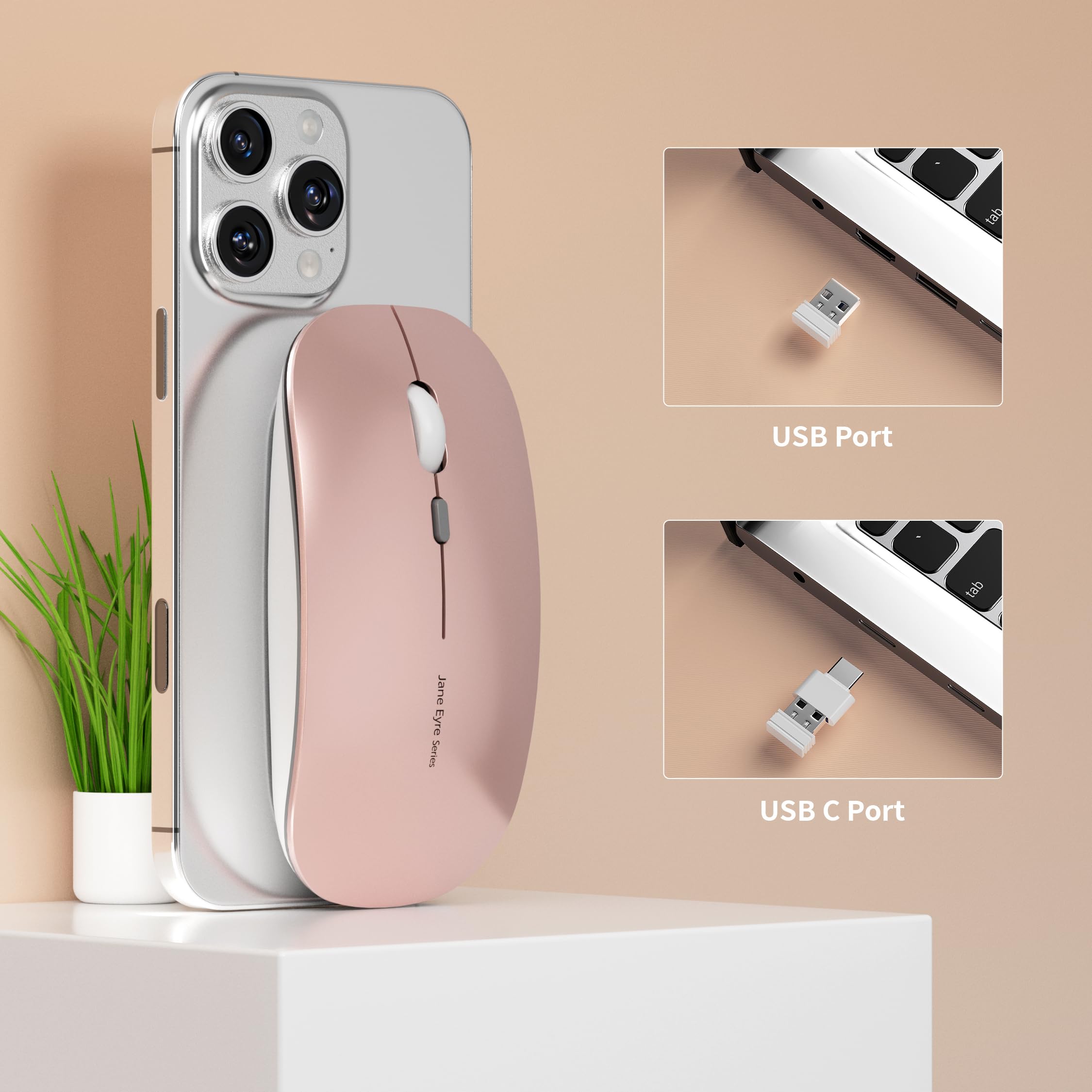 Uiosmuph Q5 Wireless Rechargeable Mouse, 2.4G Silent Cordless Optical Mouse with 1600DPI, Portable Travel Mouse with USB Receiver for Windows 10/8/7/XP/Vista/PC/Mac (Rose Gold) - Perfect for Office, Home, and Gaming Use