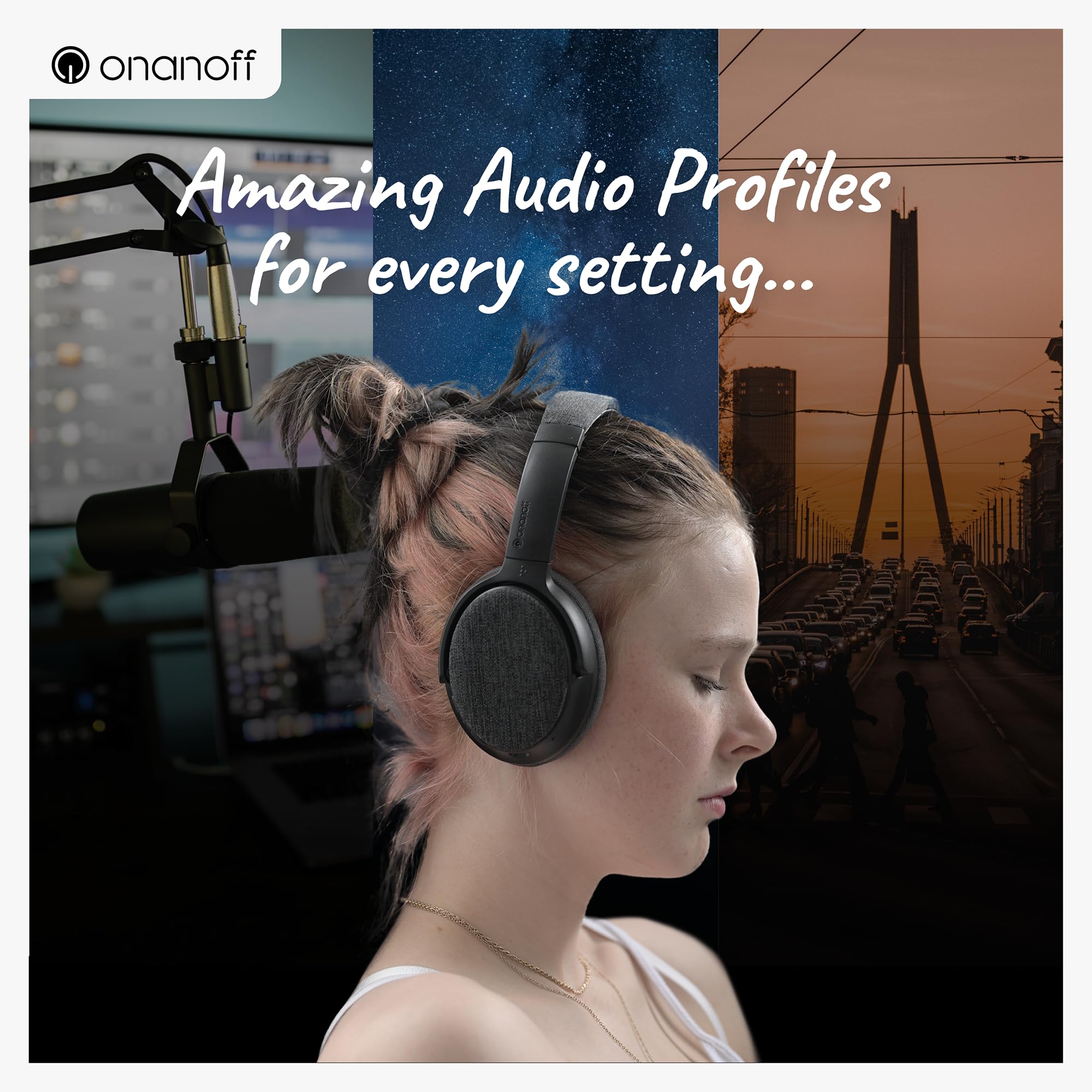 ONANOFF Fokus+ Hybrid ANC Noise Cancelling Bluetooth Headphones - 50H Playtime, Wireless Charging Stand, Detachable Boom Mic - Perfect for Home Office, Work & Travel (Midnight Blue) | Premium Sound for Conference Calls, Music & Entertainment