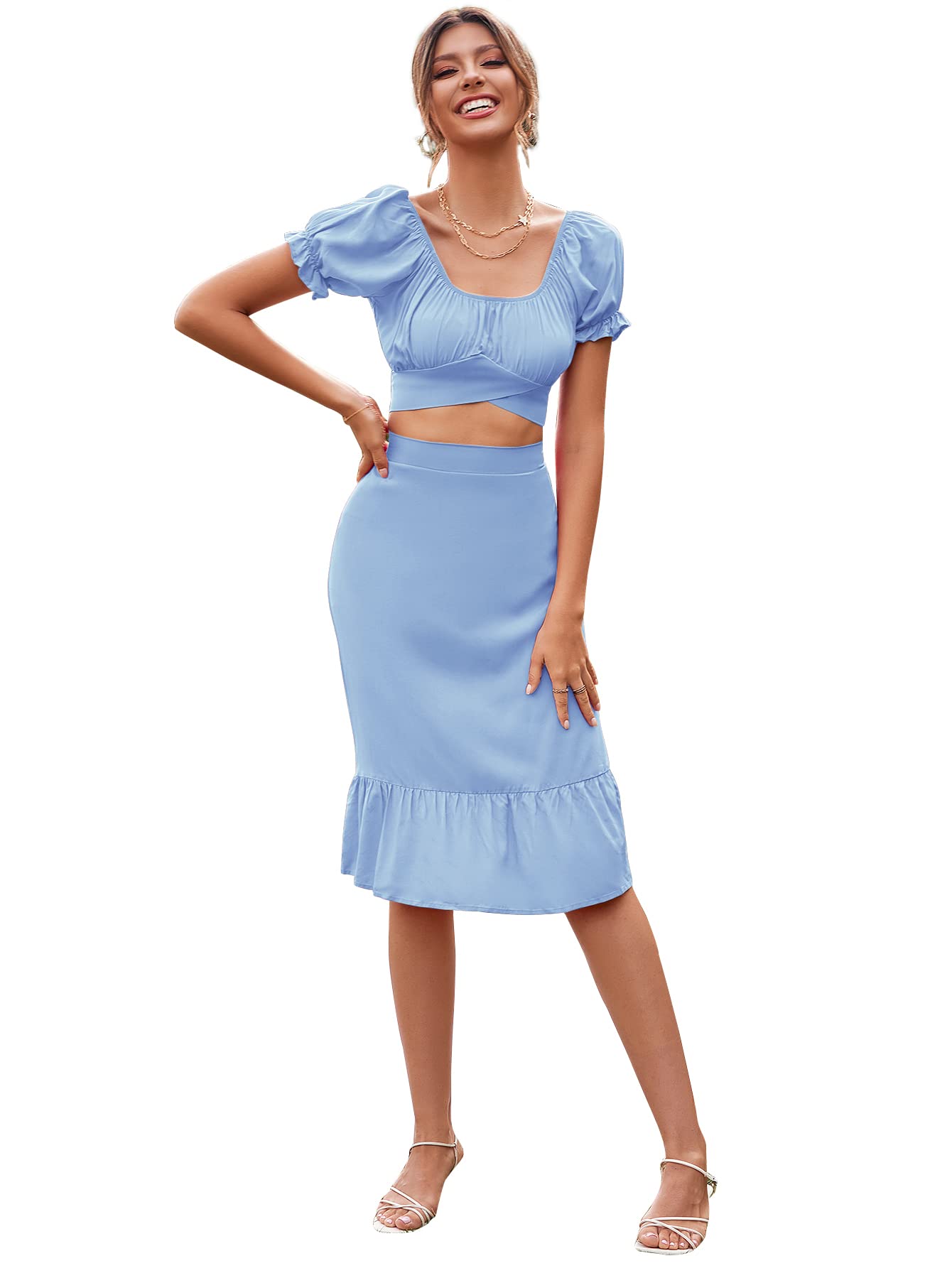 LYANER Women's 2 Piece Outfit - Floral Print Self Tie Knot Crop Top & Midi Skirt Set | Summer Casual Dressy Outfit for Beach, Party & Date Night