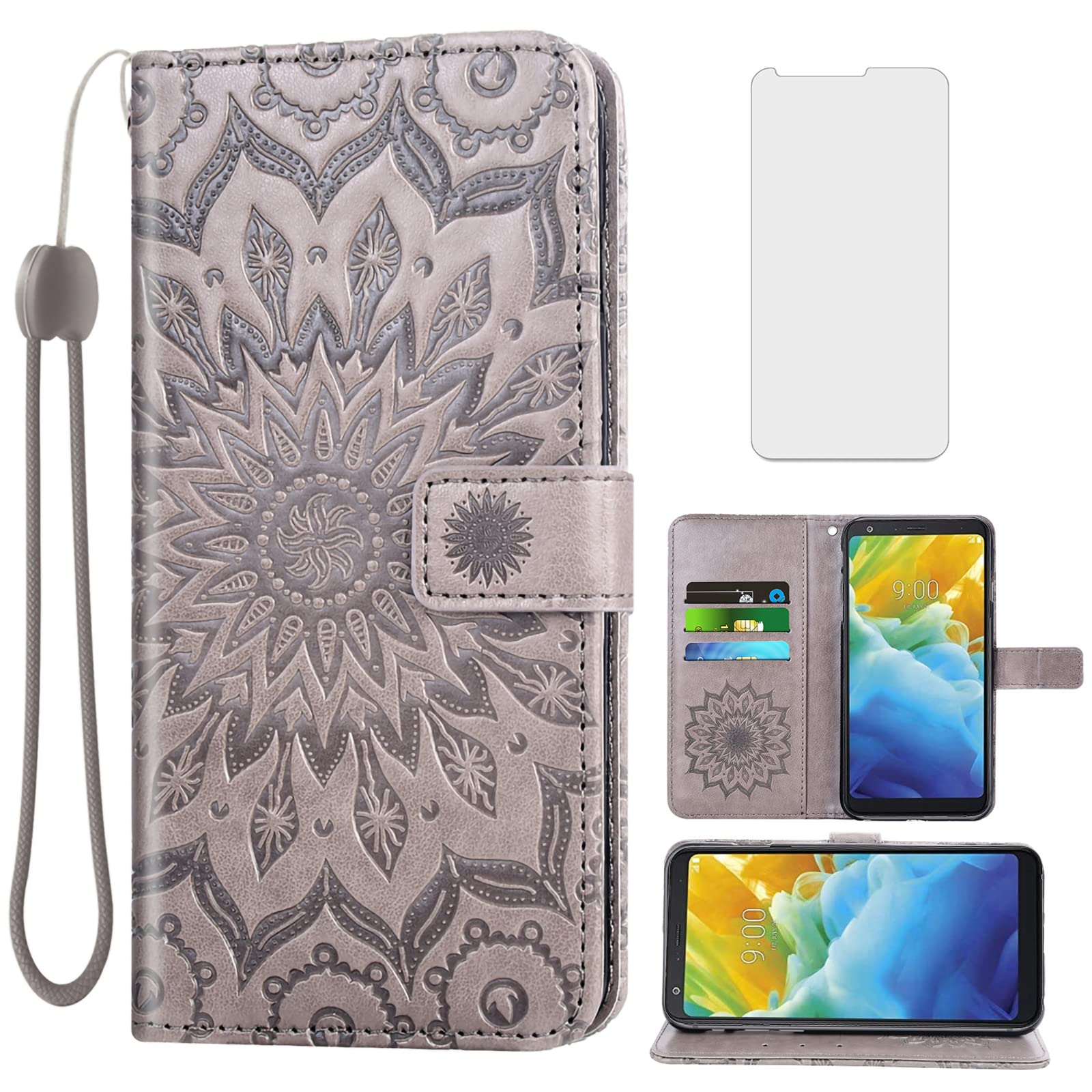 Premium Leather Wallet Case for LG Stylo 4 with Tempered Glass Screen Protector - Slim Flip Cover with Card Holder & Stand Function (Gray) - Perfect for Work, Travel and Daily Use - Compatible with LG Stylo4/Sylo4/4+/Q Stylus/Stlo4 (Men & Women)