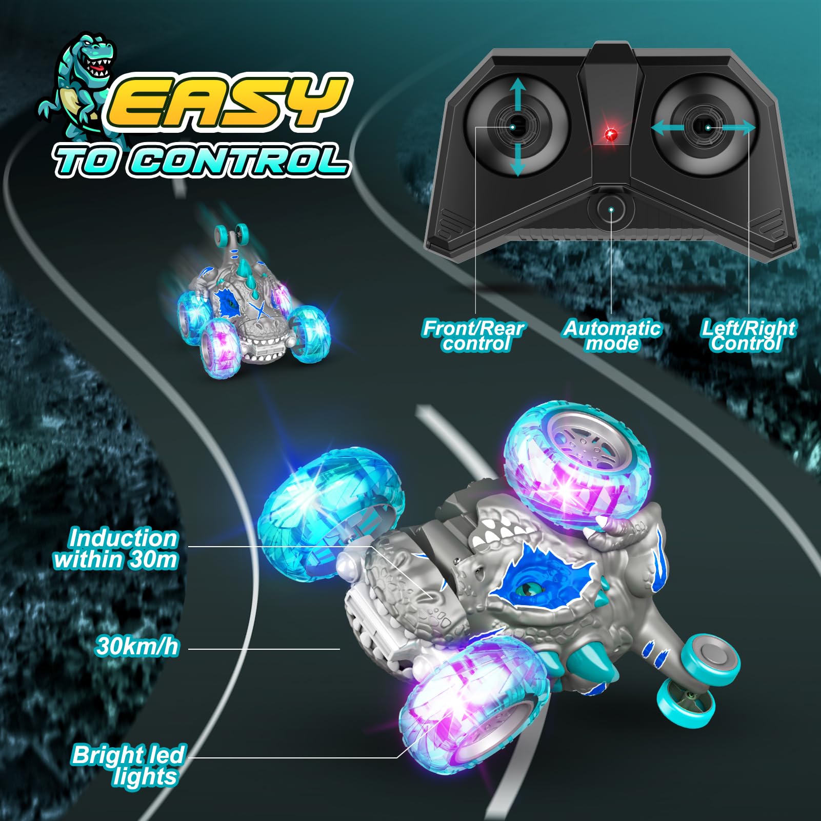 Remote Control Car for Kids Ages 3-10 - 2.4Ghz Fast Stunt RC Truck with 360° Rotation, Dinosaur Design & LED Wheel Lights | Best Outdoor Toy Gift for Boys Birthday, Christmas | Great for Backyard Play, Park Adventures & Indoor Racing Fun