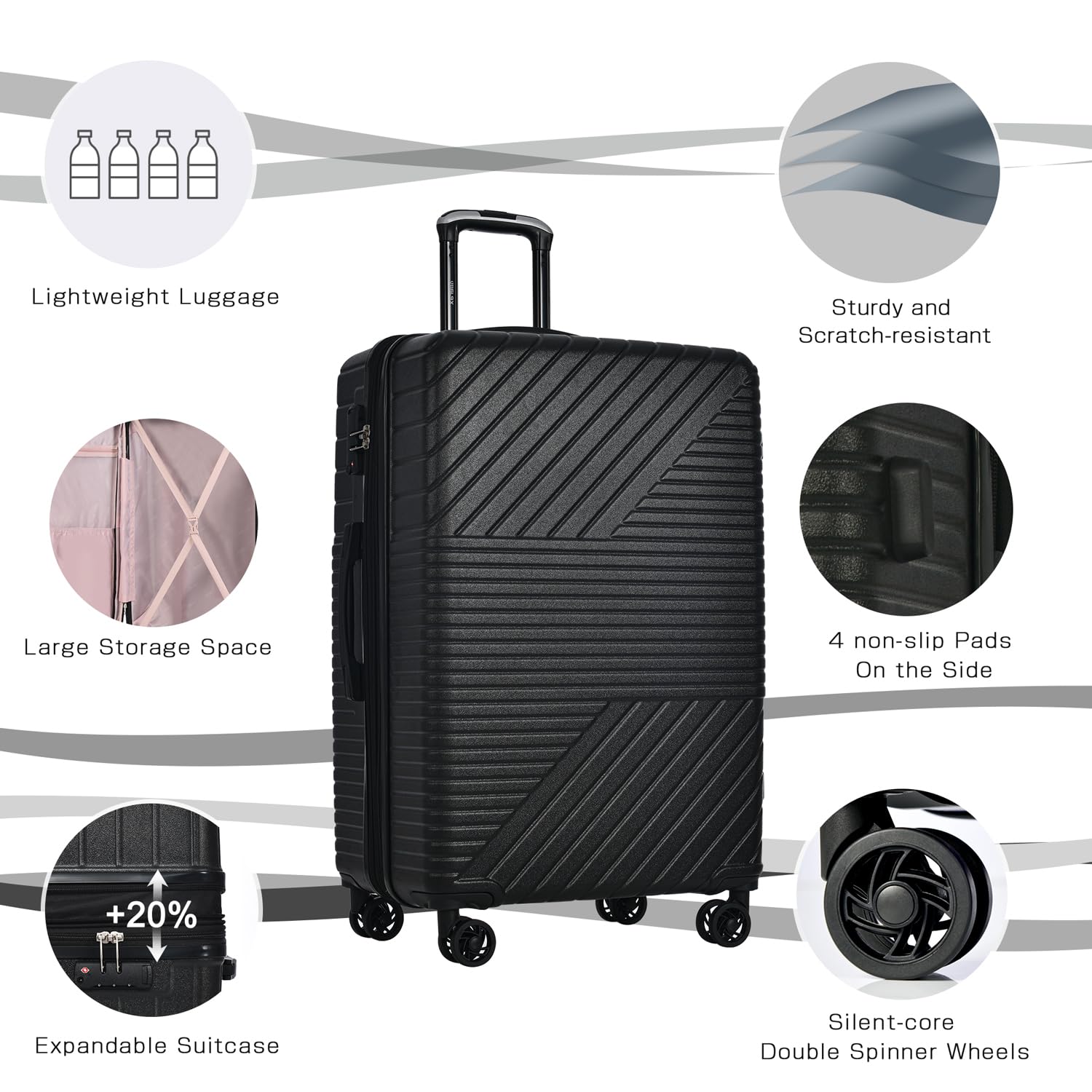 Merax 3-Piece Hardside Luggage Set with 8 Spinner Wheels & TSA Lock - Lightweight Suitcases (20/24/28 Inch) in Black - Perfect for Air Travel, Business Trips & Family Vacations