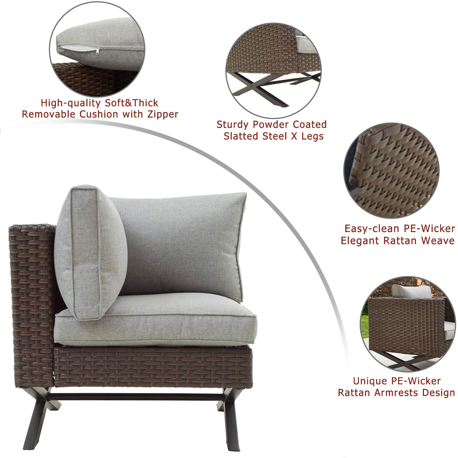 Festival Depot Wicker Patio Chair with Right Armrest - Rattan Dining Chair with Thick Cushions & X-Shaped Steel Legs - All-Weather Outdoor Furniture for Garden, Yard, Poolside - Perfect for Relaxing, Dining, and Entertaining Outdoors