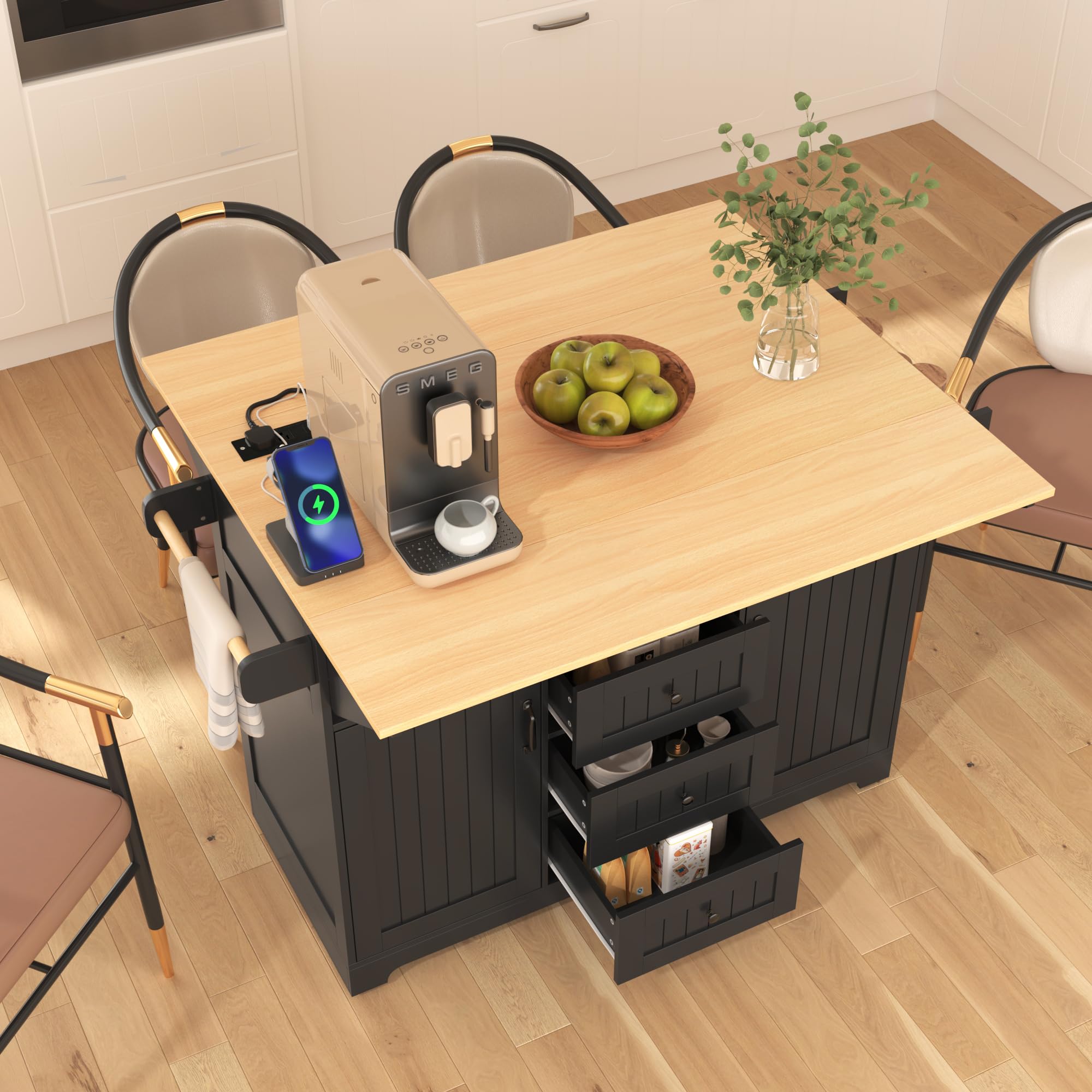 **Rolling Kitchen Island Cart with Power Outlets, Drop-Leaf Countertop & Storage Cabinet – Mobile Kitchen Organizer with Barn Door & Tower Rack – Perfect for Small Kitchens, Dining Prep & Entertaining**