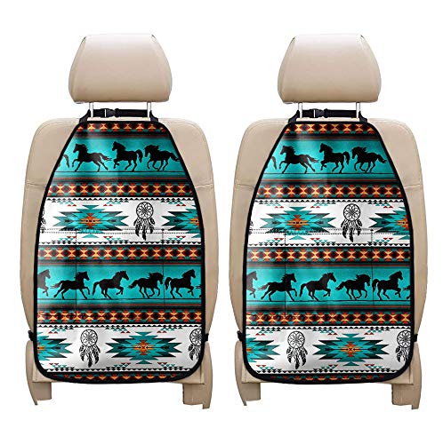 INSTANTARTS Tribal Horse Dream Catcher Pattern 2-Piece Heavy Duty Car Backseat Organizer - Kick Mats for Seat Protection with Storage Pockets for Drinks, Books & Accessories | Perfect for Road Trips, Family Travel & Daily Commute
