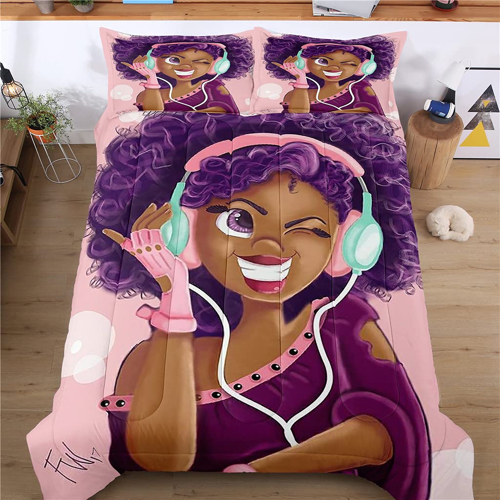 Stylish Pink African American Girls Bedding Set - Twin Size Comforter with 2 Pillowcases for Teens & Adults - Cute Black Girl with Headphones Design - Perfect for Teen Bedrooms, Dorm Rooms & Sleepovers