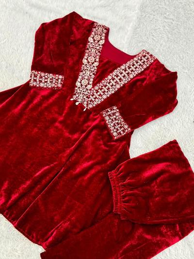 Red Velvet Embroidery Kodi Lace Kurti Pant Set Of 2 - Elegant Indian Ethnic Outfit for Women | Perfect for Festivals, Weddings & Special Occasions