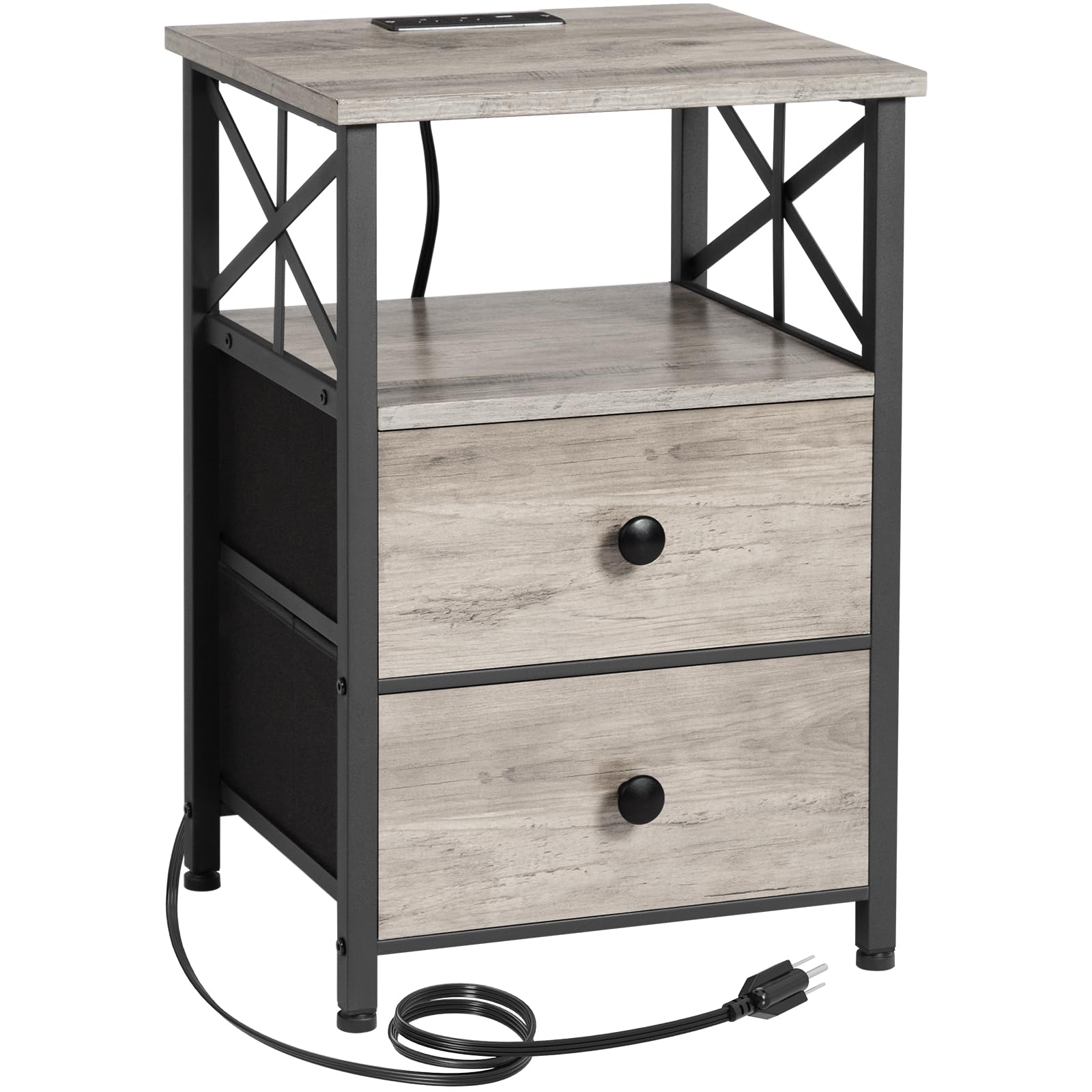 AMHANCIBLE Nightstand with Charging Station - Bedside Table with USB Ports & Outlets, Fabric Drawer Storage - Compact End Table for Small Bedrooms & Living Rooms (Greige) - Perfect for Charging Devices & Organizing Essentials by Your Bed