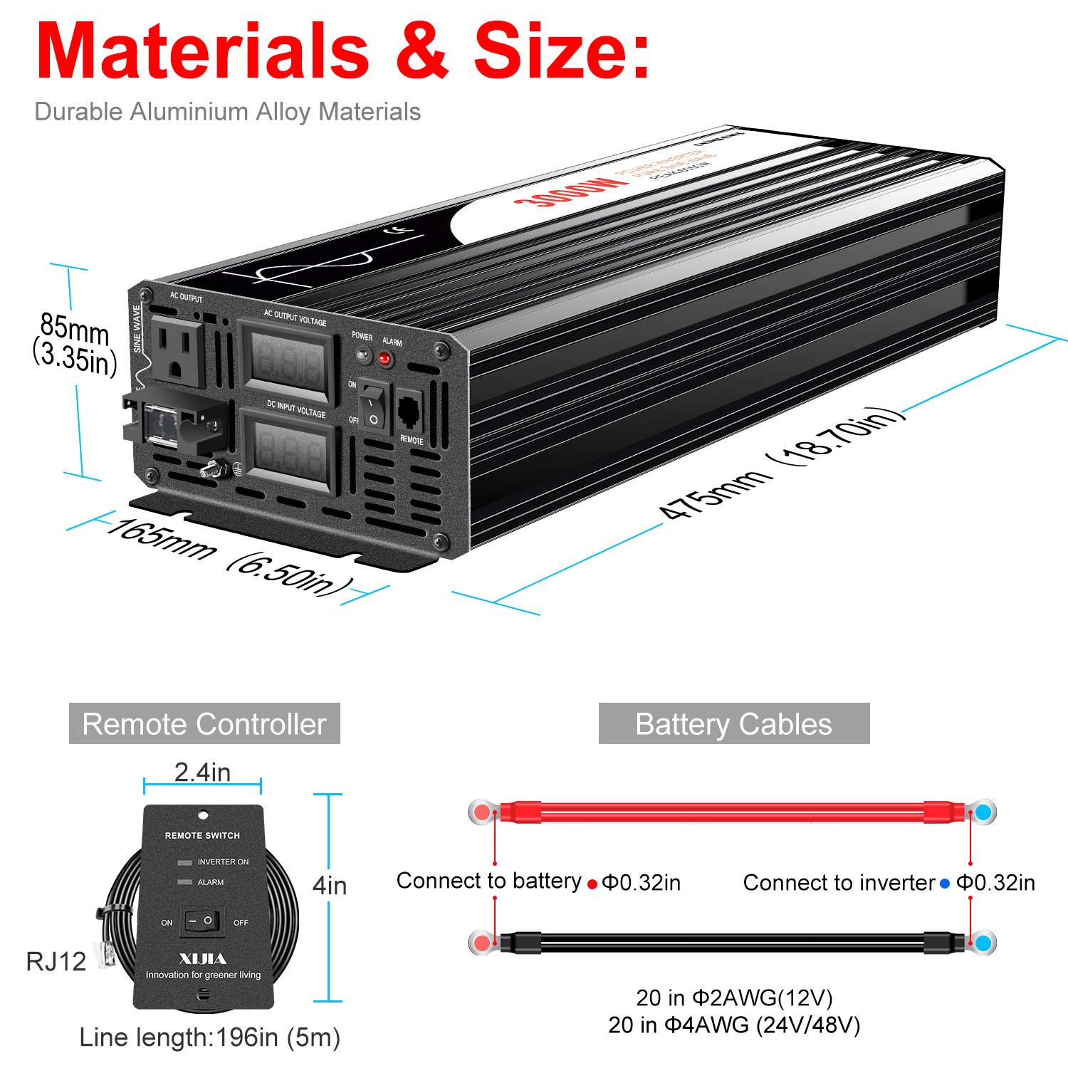 3000W Pure Sine Wave Power Inverter DC 36V to AC 120V 60Hz - 6000W Peak Solar Converter for Home, RV & Off-Grid Use (Input 30V-45V) - Reliable Backup Power for Appliances, Tools & Emergency Situations