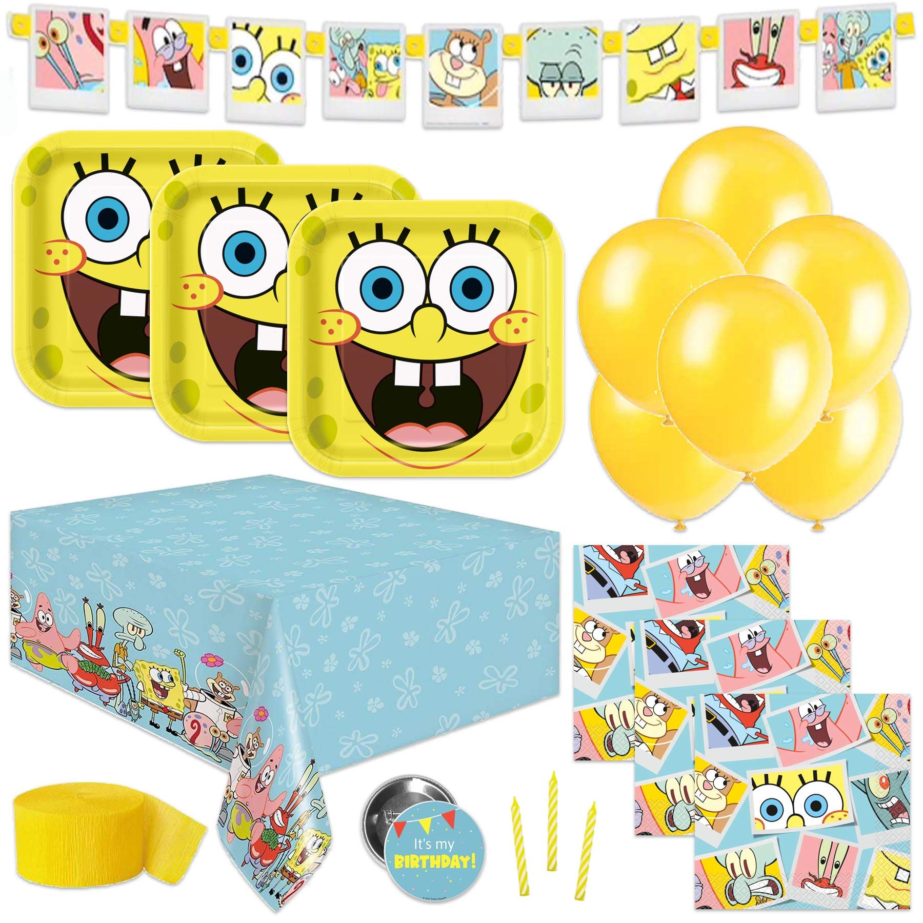 Spongebob Party Supplies Set for 16 Guests - Includes Table Cover, Banner, Plates, Napkins, Balloons, Streamers & Candles | Perfect for Birthday Parties, Themed Events & Kids Celebrations