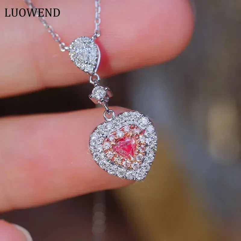 18K White Gold Heart Pendant Necklace with Real Natural Pink Diamond - Elegant Women's Wedding Jewelry for Brides, Anniversaries & Special Occasions