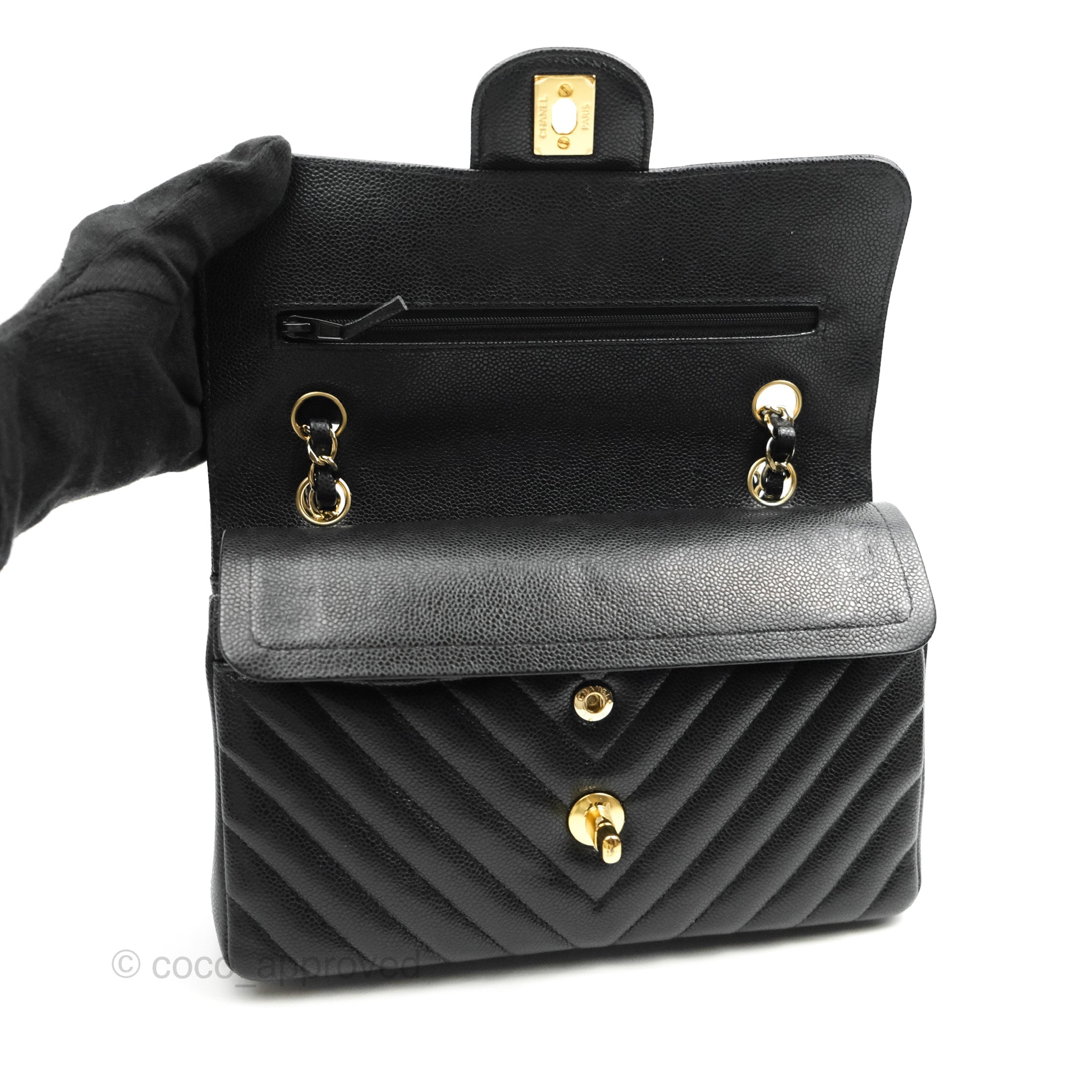 Chanel Classic Chevron Small Double Flap Bag Black Caviar Leather Gold Hardware - Luxury Designer Handbag for Women, Perfect for Parties & Evening Events