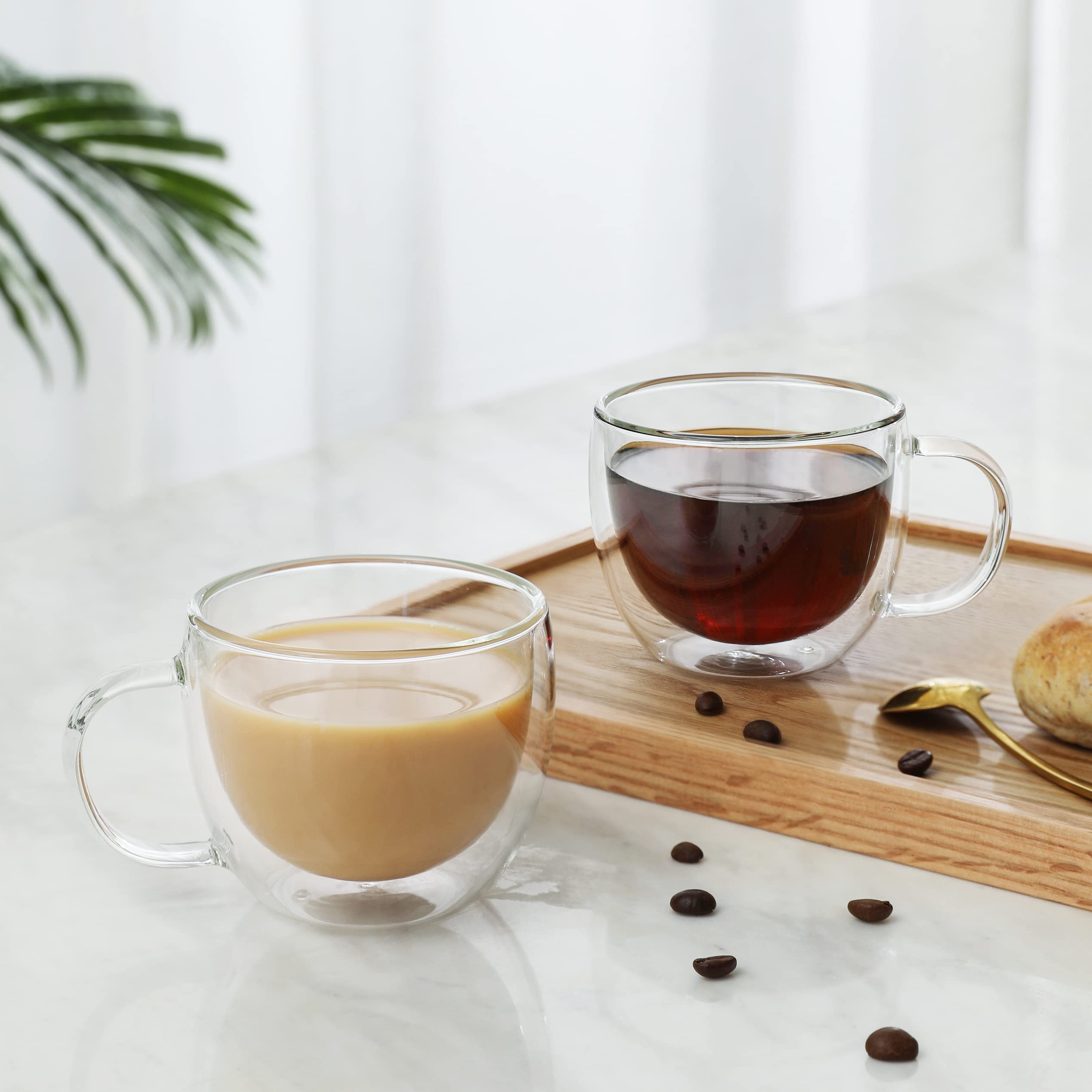 CNGLASS Double Wall Insulated Glass Coffee Mugs 8.1oz (Set of 2) - Clear Thermal Espresso Cups with Handle for Hot/Cold Drinks - Perfect for Cappuccino, Latte, Tea at Home, Office or Cafe