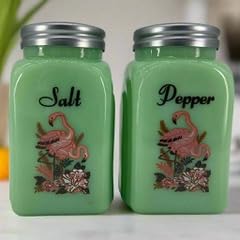 Premium Glass Salt and Pepper Shakers Set - Elegant Arched Jadeite Design with Pink Flamingo Pattern - Imported Kitchen Essentials for Dining Table, Restaurant, and Home Decor