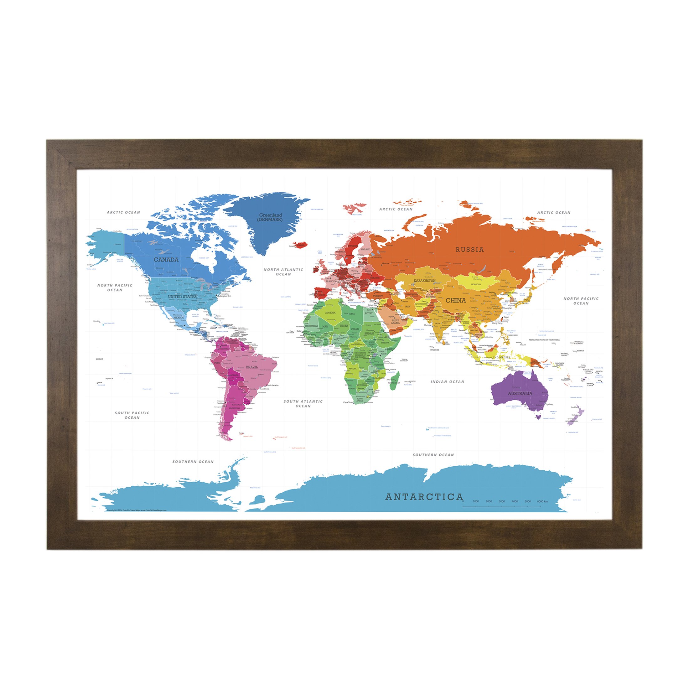 Colorful Push Pin World Travel Map with Rustic Brown Frame - 27.5 x 39.5 Inches | Perfect for Home Office Decor, Travel Planning & Geography Learning