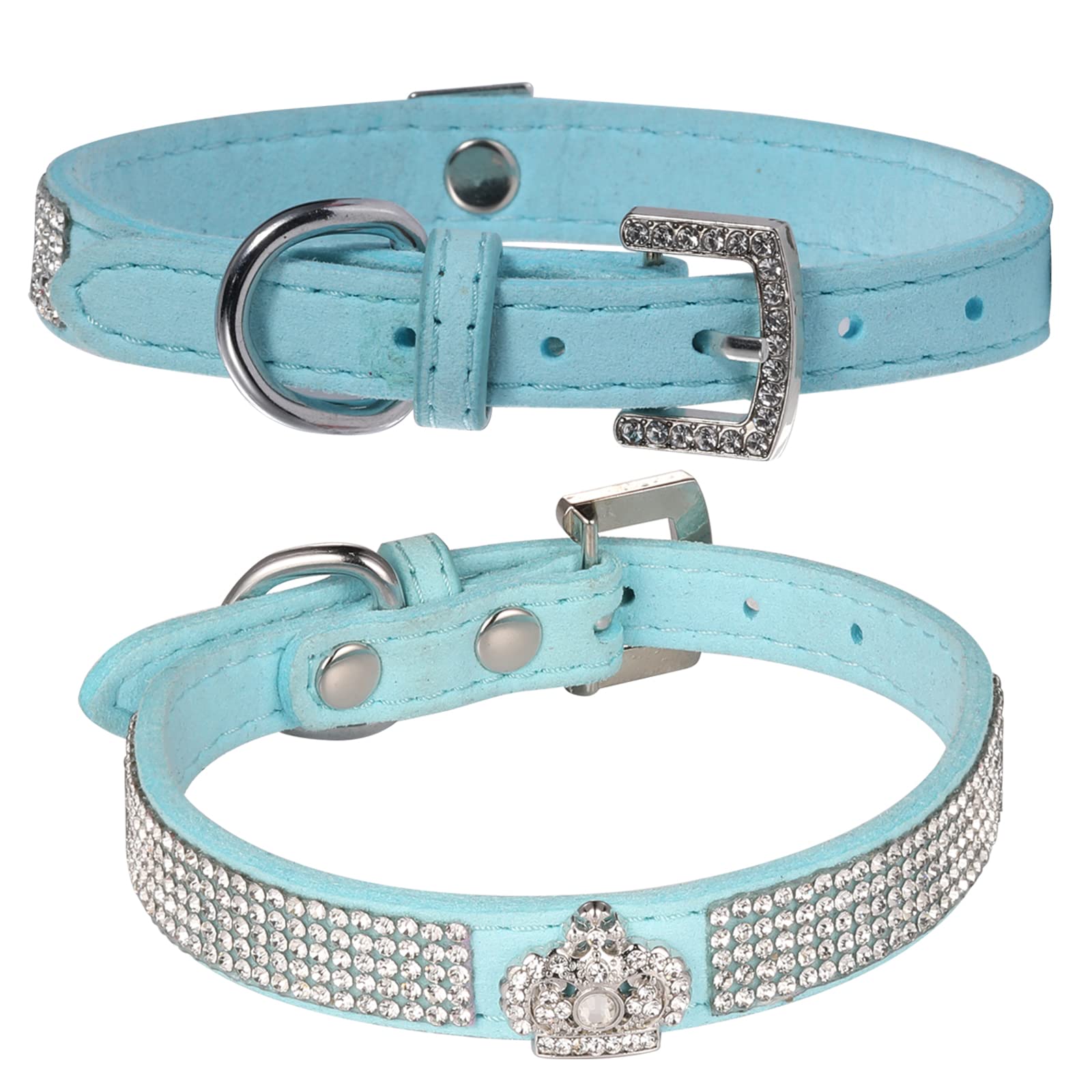 Luxury Sparkly Silver Buckle Rhinestone Crown Velvet Leather Pet Collar - Adjustable Dog Collar & Cat Collar with Bling Diamond Decor (Small, Blue) | Perfect for Small Dogs, Medium Cats & Puppies - Great for Daily Walks, Grooming & Special Occasions